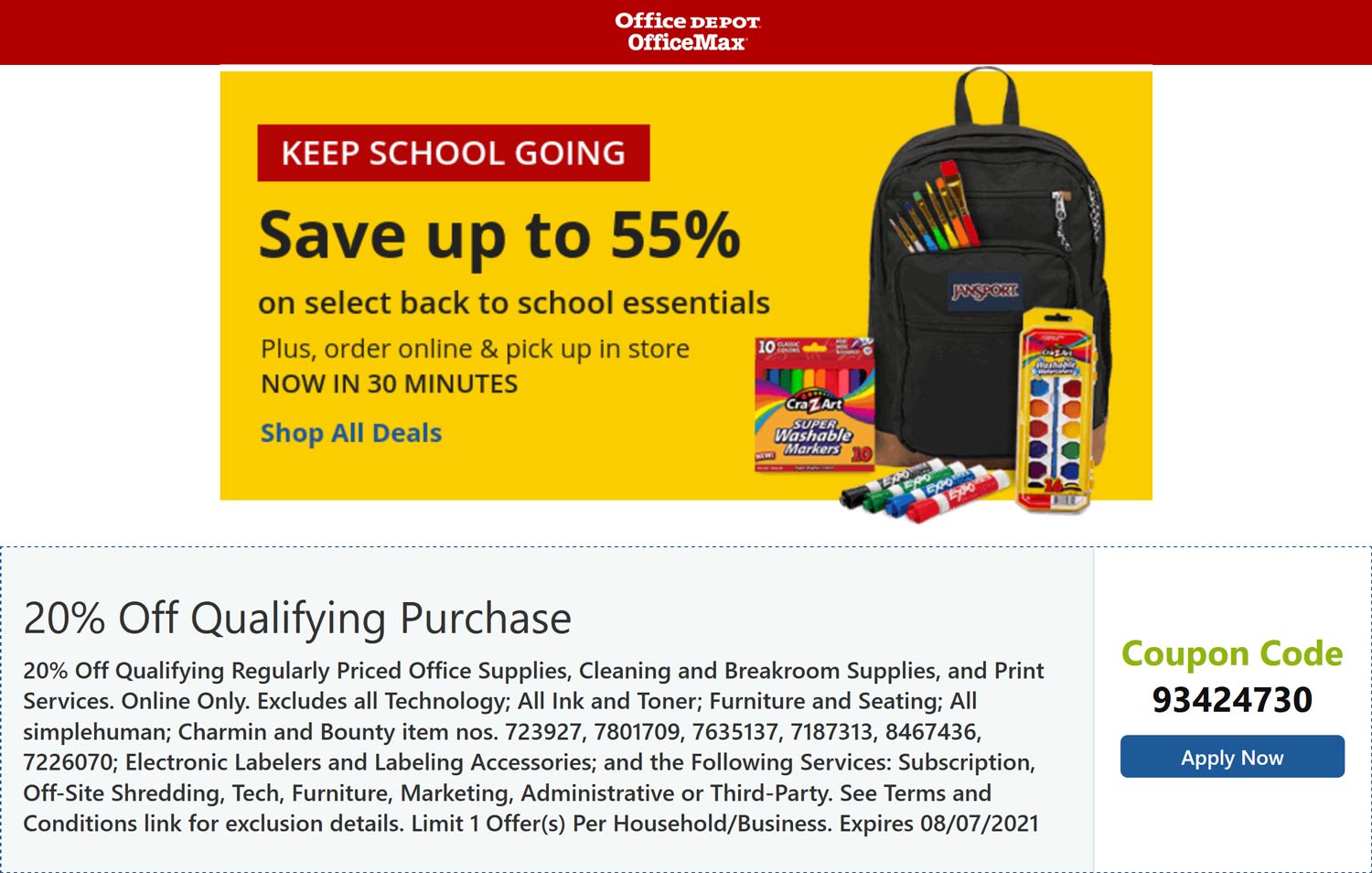 20 off at Office Depot Officemax via promo code 93424730 officedepot