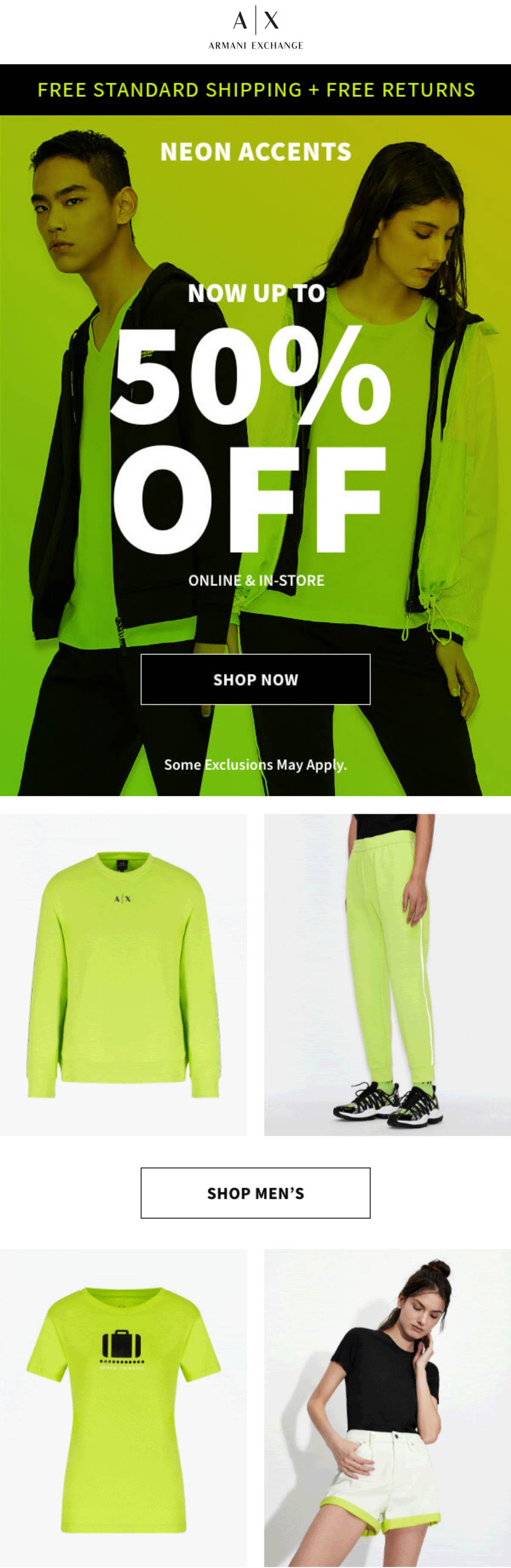 Armani Exchange stores Coupon  50% off neon accents at Armani Exchange, ditto online #armaniexchange 
