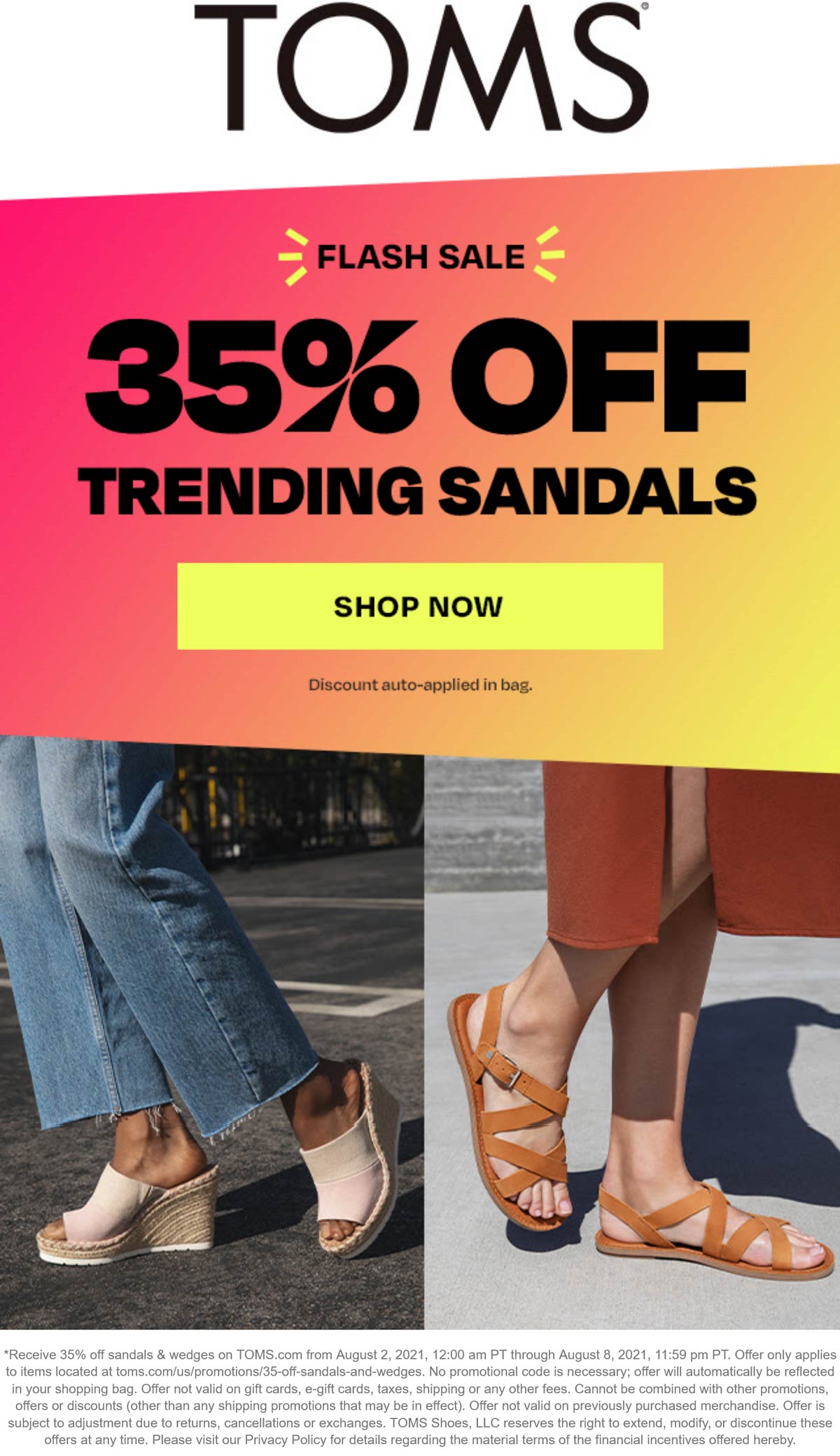 TOMS stores Coupon  35% off sandals & wedges at TOMS #toms 