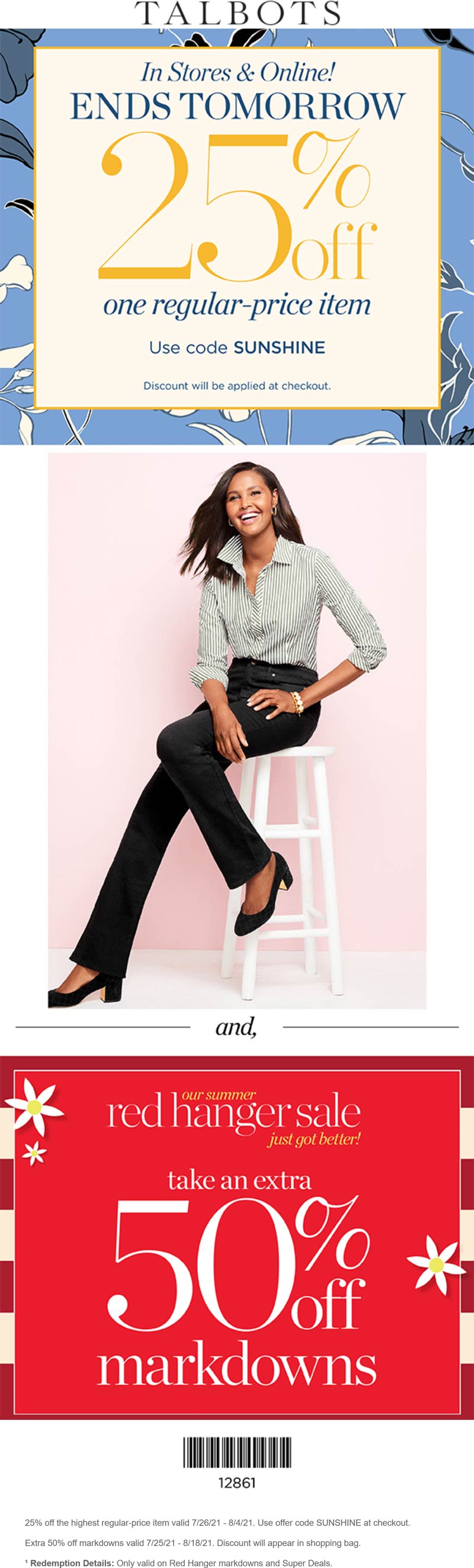 Talbots stores Coupon  25% off a single item at Talbots, or online via promo code SUNSHINE #talbots 