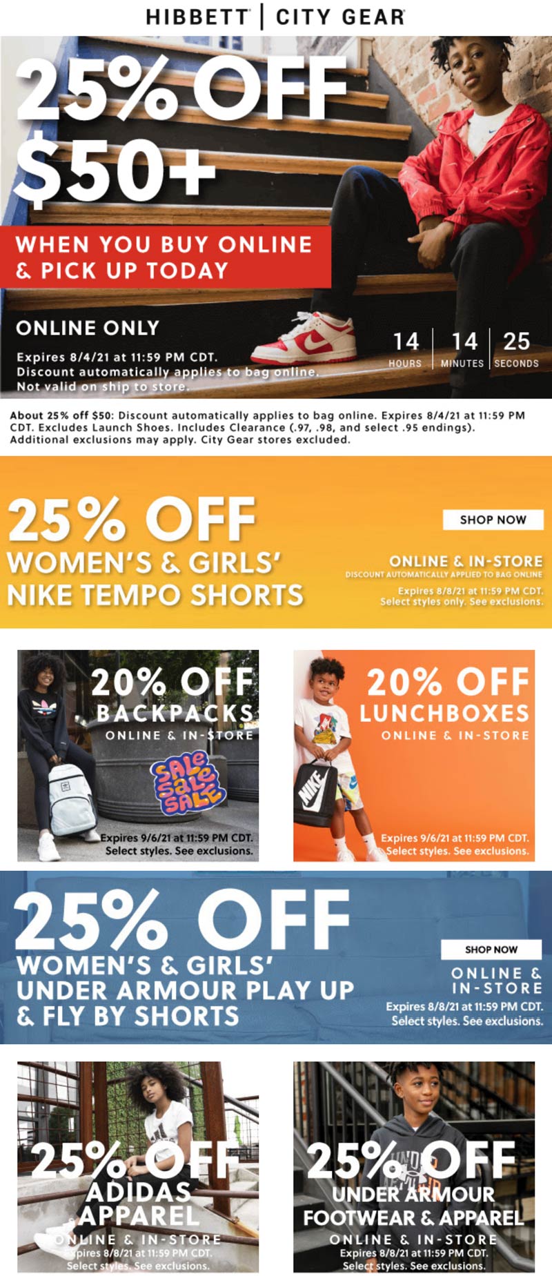 Hibbett stores Coupon  25% off $50 pickup in-store today at Hibbett and City Gear sporting goods #hibbett 