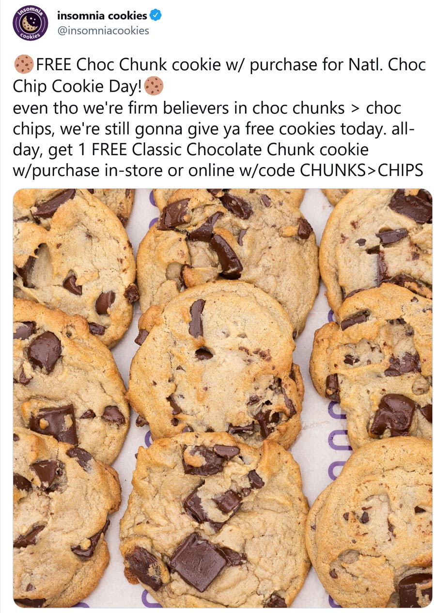 Insomnia Cookies restaurants Coupon  Free cookie with your order today at Insomnia Cookies #insomniacookies 