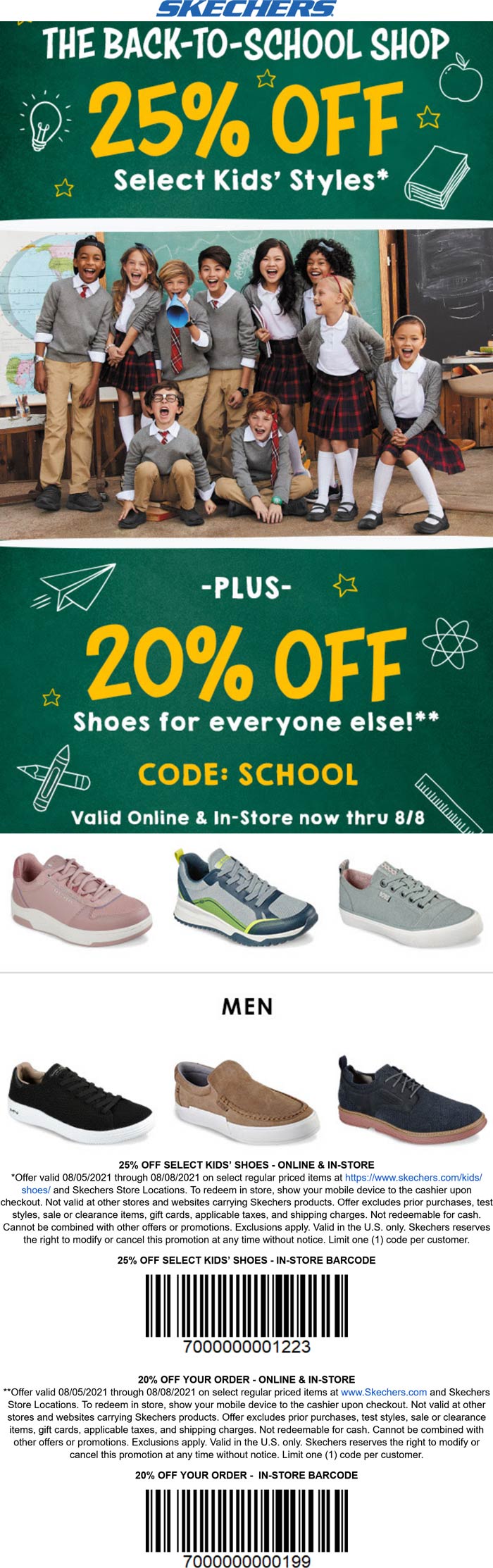 Skechers stores Coupon  20-25% off back-to-school at Skechers shoes, ditto online #skechers 