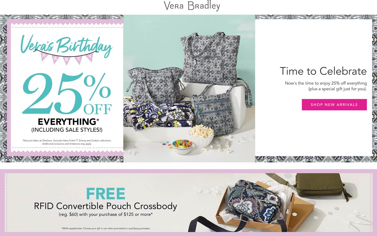 [September, 2021] 25 off everything at Vera Bradley, ditto online 