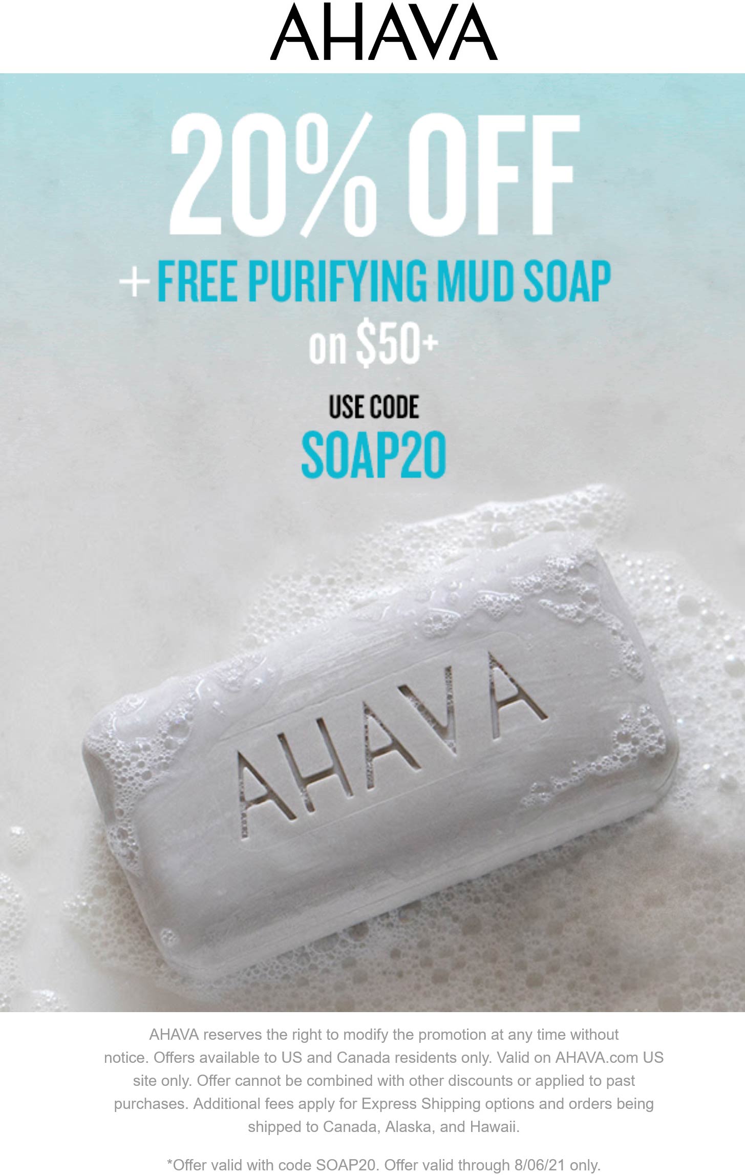 AHAVA stores Coupon  Free mud soap + 20% off today at AHAVA via promo code SOAP20 #ahava 