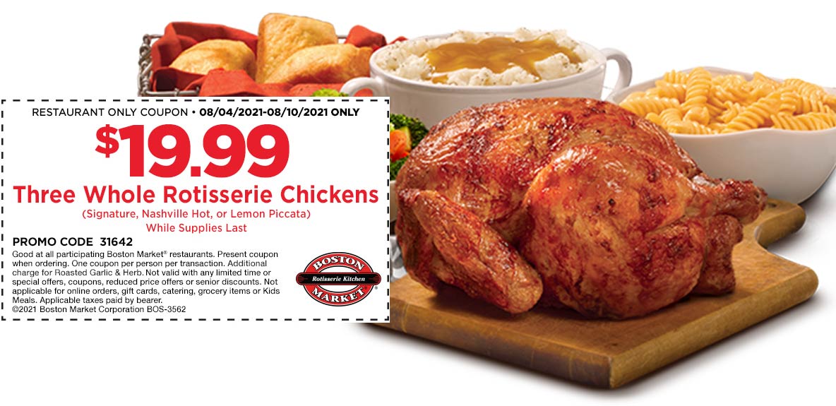 Boston Market stores Coupon  3 whole chickens for $20 at Boston Market #bostonmarket 