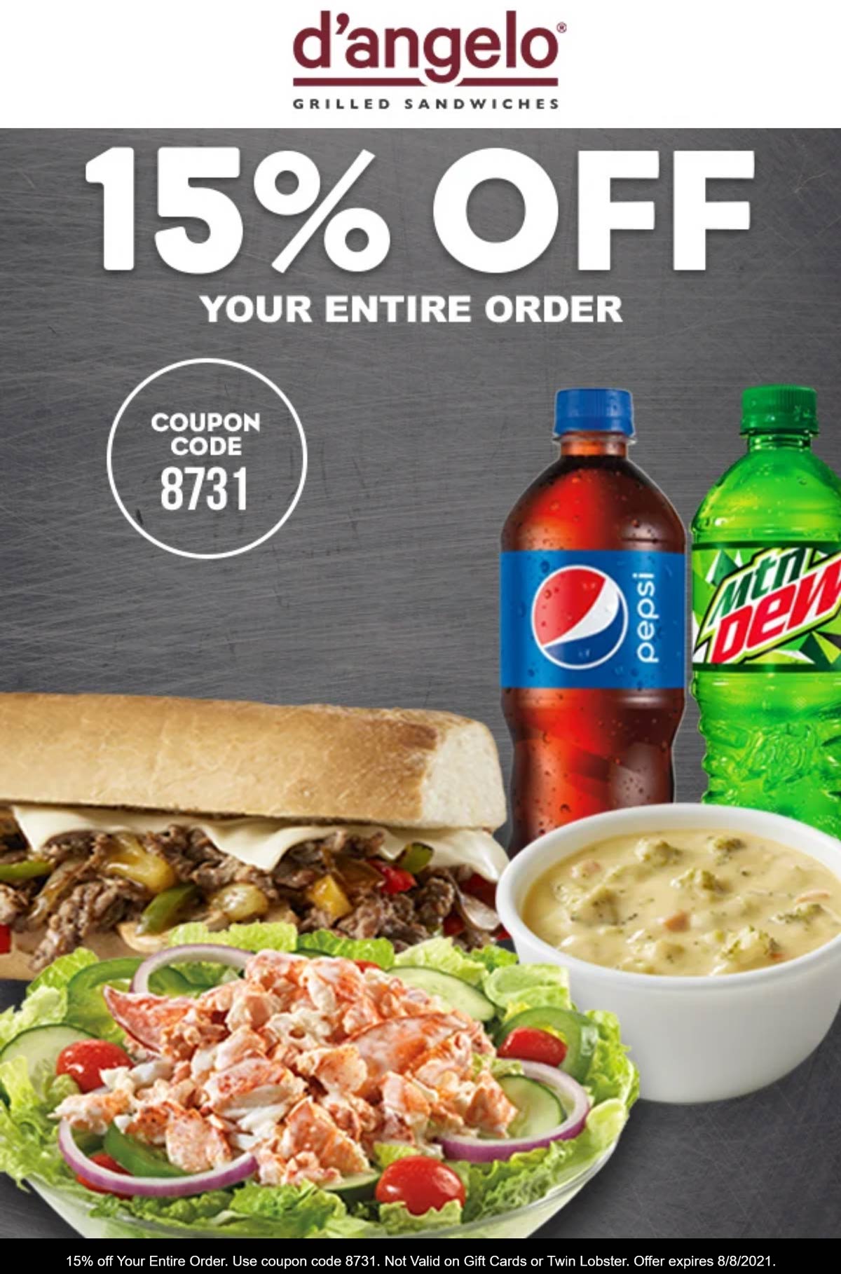 DAngelo restaurants Coupon  15% off at DAngelo grilled sandwich restaurants via promo code 8731 #dangelo 