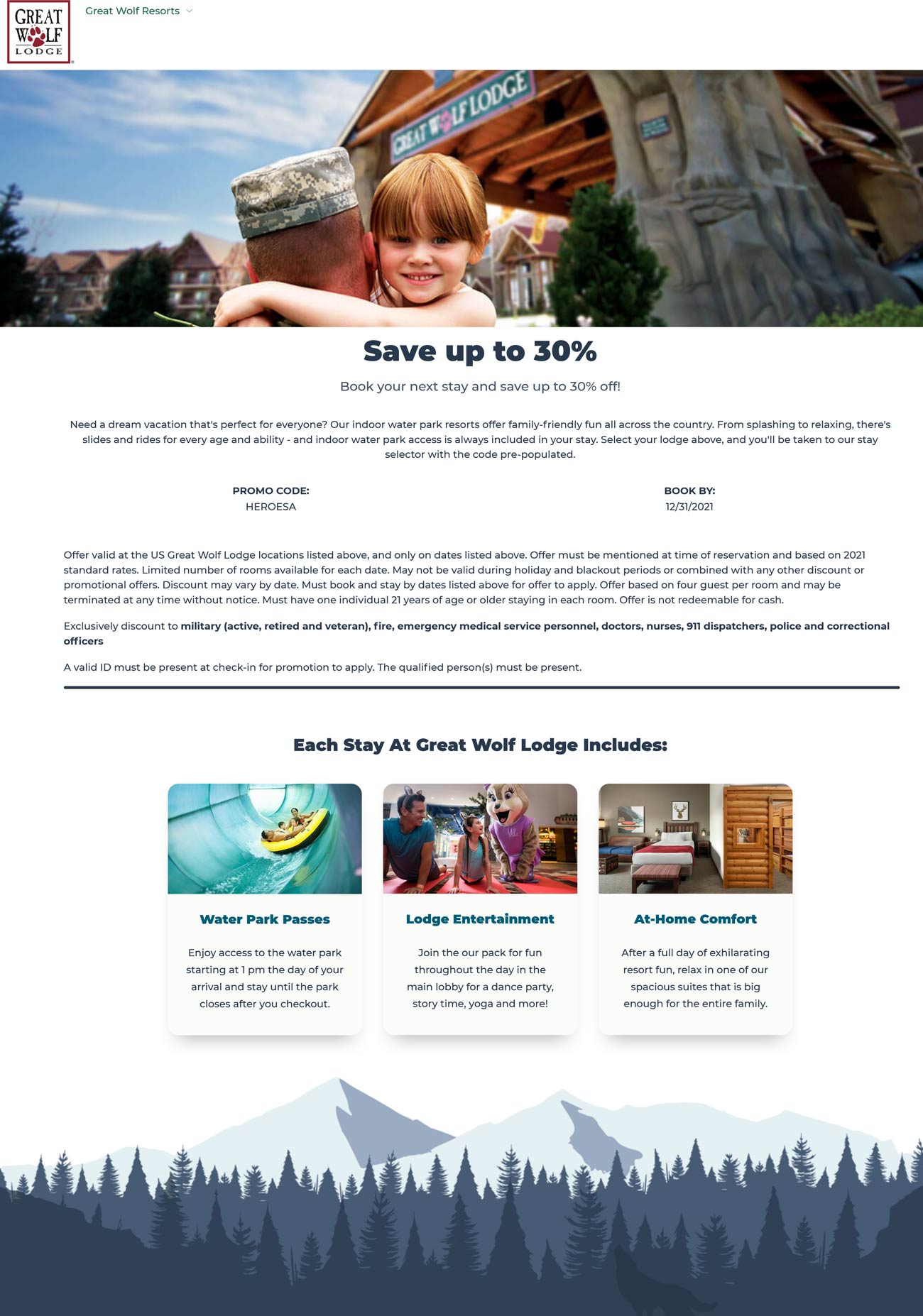Great Wolf Lodge stores Coupon  Medical, military, first responders enjoy 30% off at Great Wolf Lodge indoor waterpark locations via promo code HEROESA #greatwolflodge 