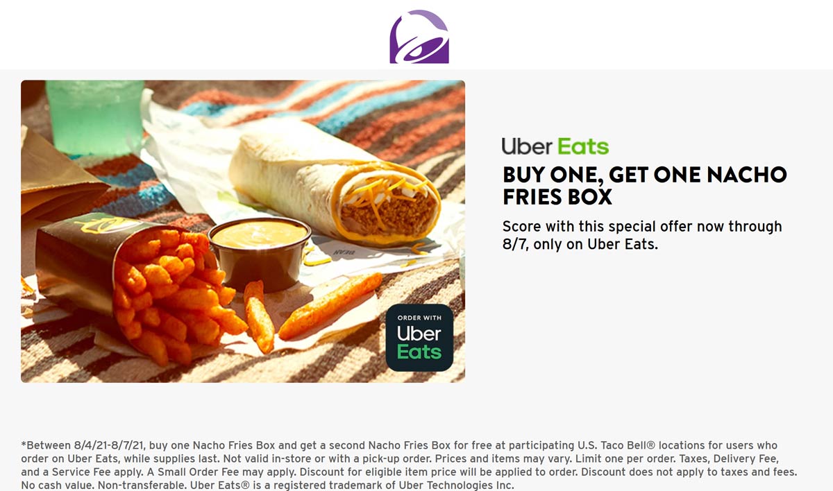 Taco Bell restaurants Coupon  Second nacho fries box free via delivery today at Taco Bell #tacobell 