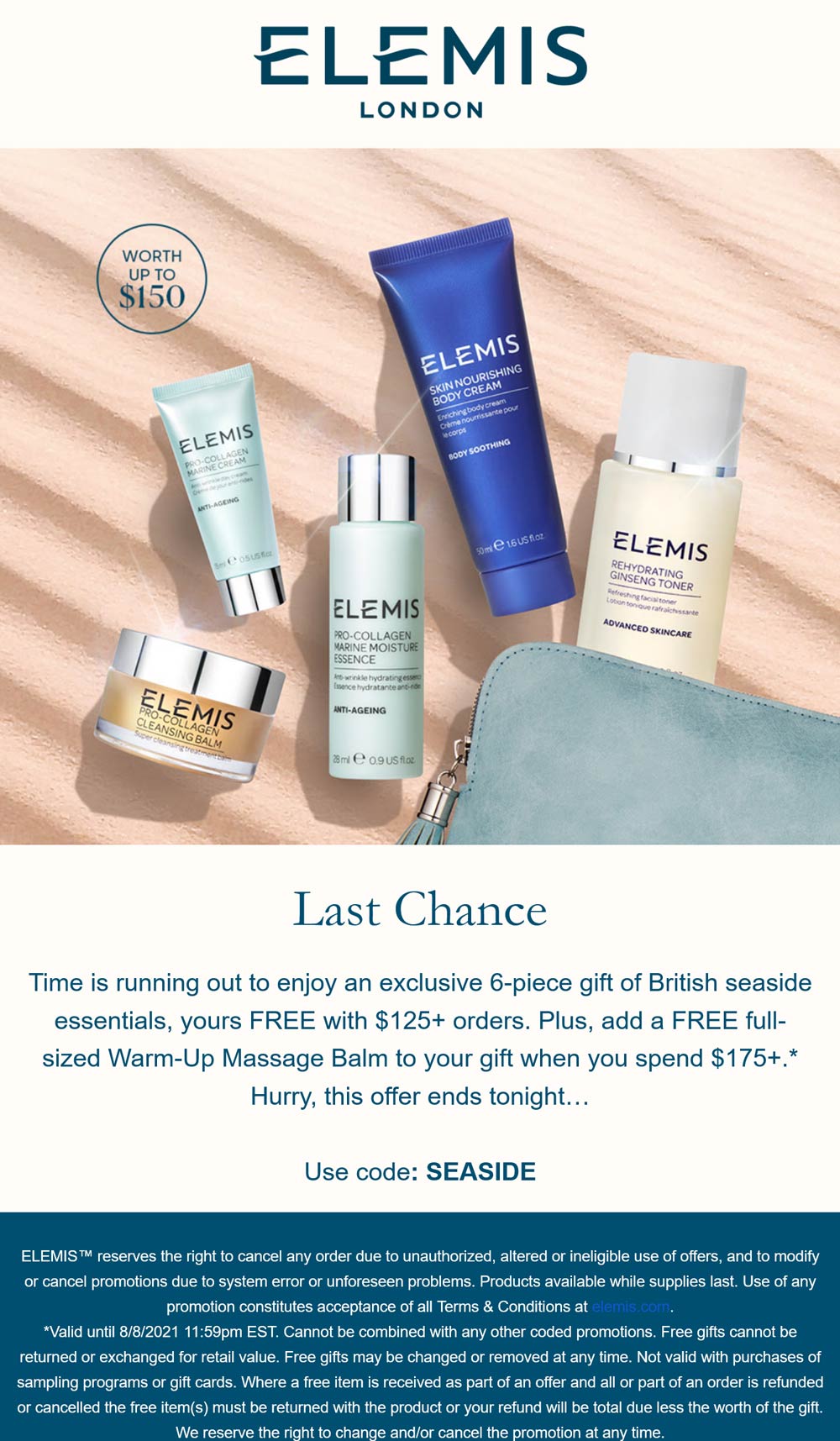 ELEMIS stores Coupon  Free 6pc with $125 spent today at ELEMIS cosmetics via promo code SEASIDE #elemis 