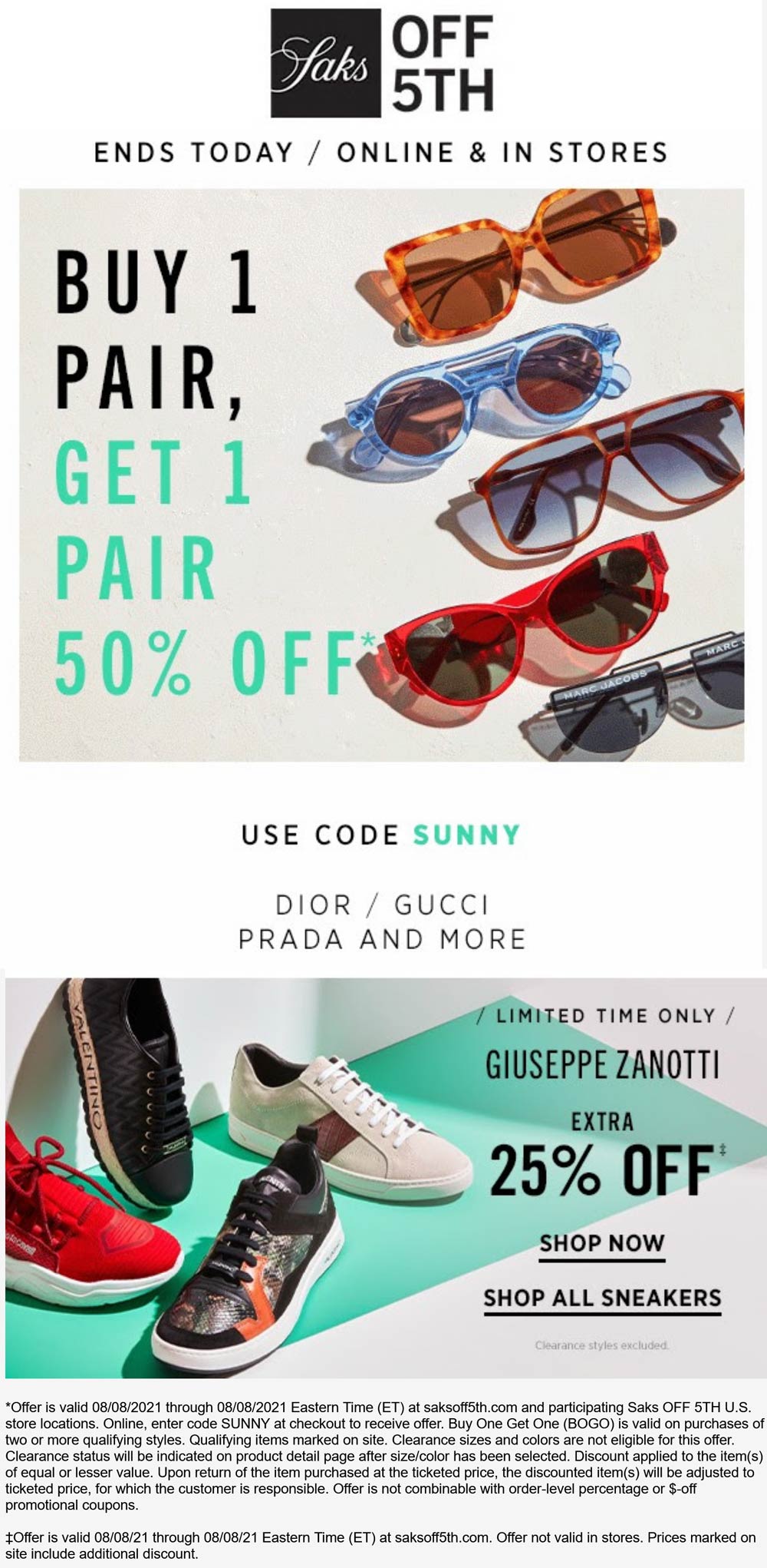 OFF 5TH stores Coupon  Second sunglasses 50% off today at Saks OFF 5TH, ditto online #off5th 