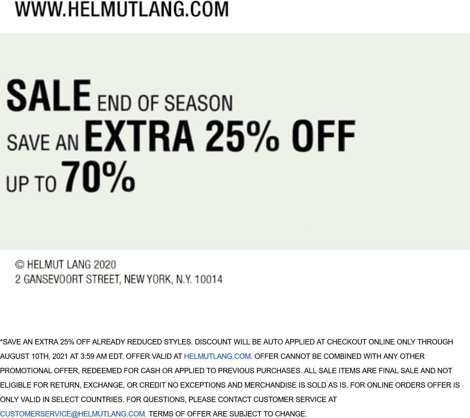 Helmut Lang stores Coupon  Extra 25% off sale items online today at Helmut Lang #helmutlang 