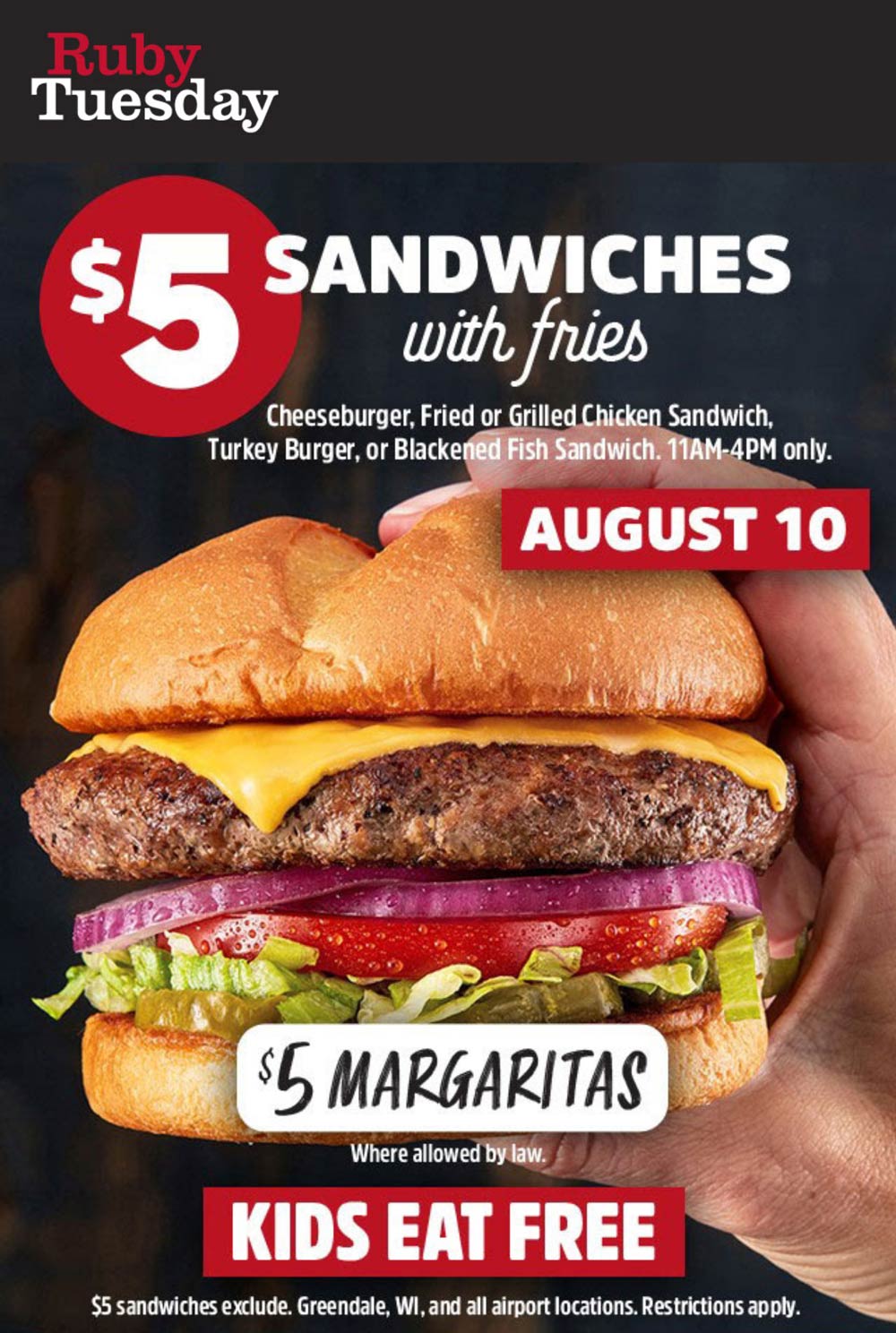 Ruby Tuesday restaurants Coupon  $5 cheeseburger, chicken sandwich or fish + fries til 4p today at Ruby Tuesday #rubytuesday 