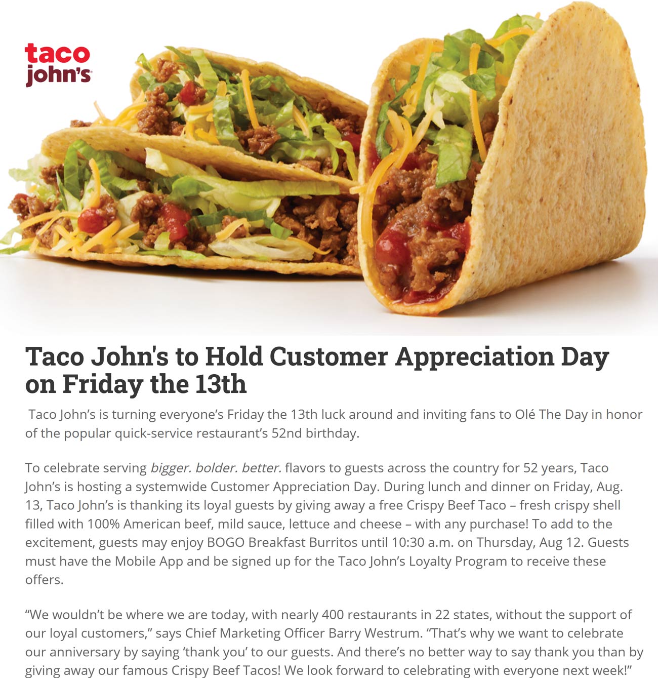 Taco Johns restaurants Coupon  Free taco Friday at Taco Johns, also bogo breakfast burritos Thurs #tacojohns 