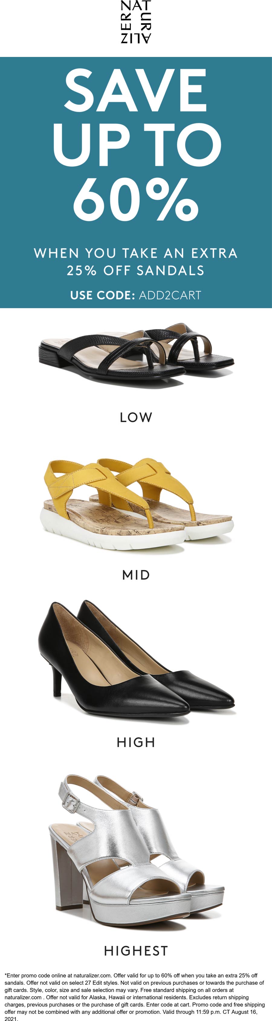 Naturalizer stores Coupon  Extra 25% off sandals at Naturalizer via promo code ADD2CART #naturalizer 
