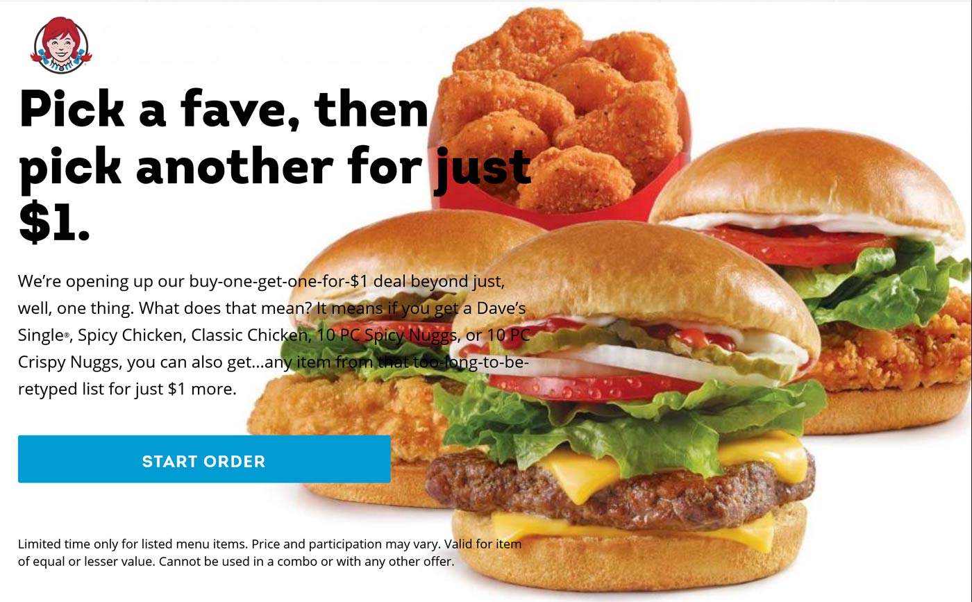 Wendys restaurants Coupon  Second cheeseburger, nuggets or chicken sandwich for $1 at Wendys #wendys 