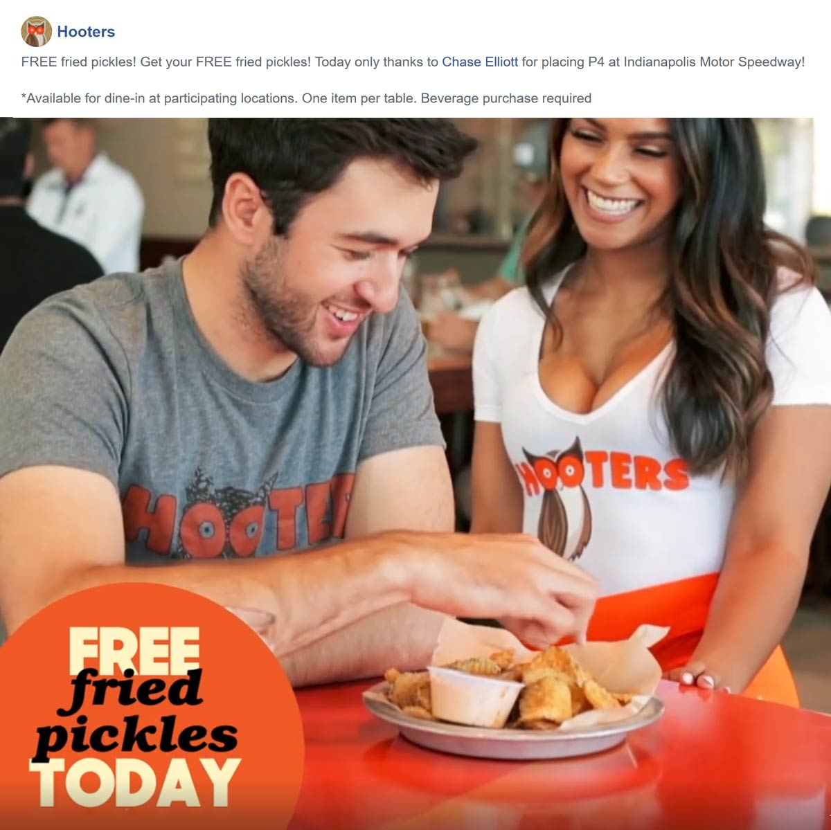 Hooters restaurants Coupon  Free fried pickles appetizer today at Hooters #hooters 