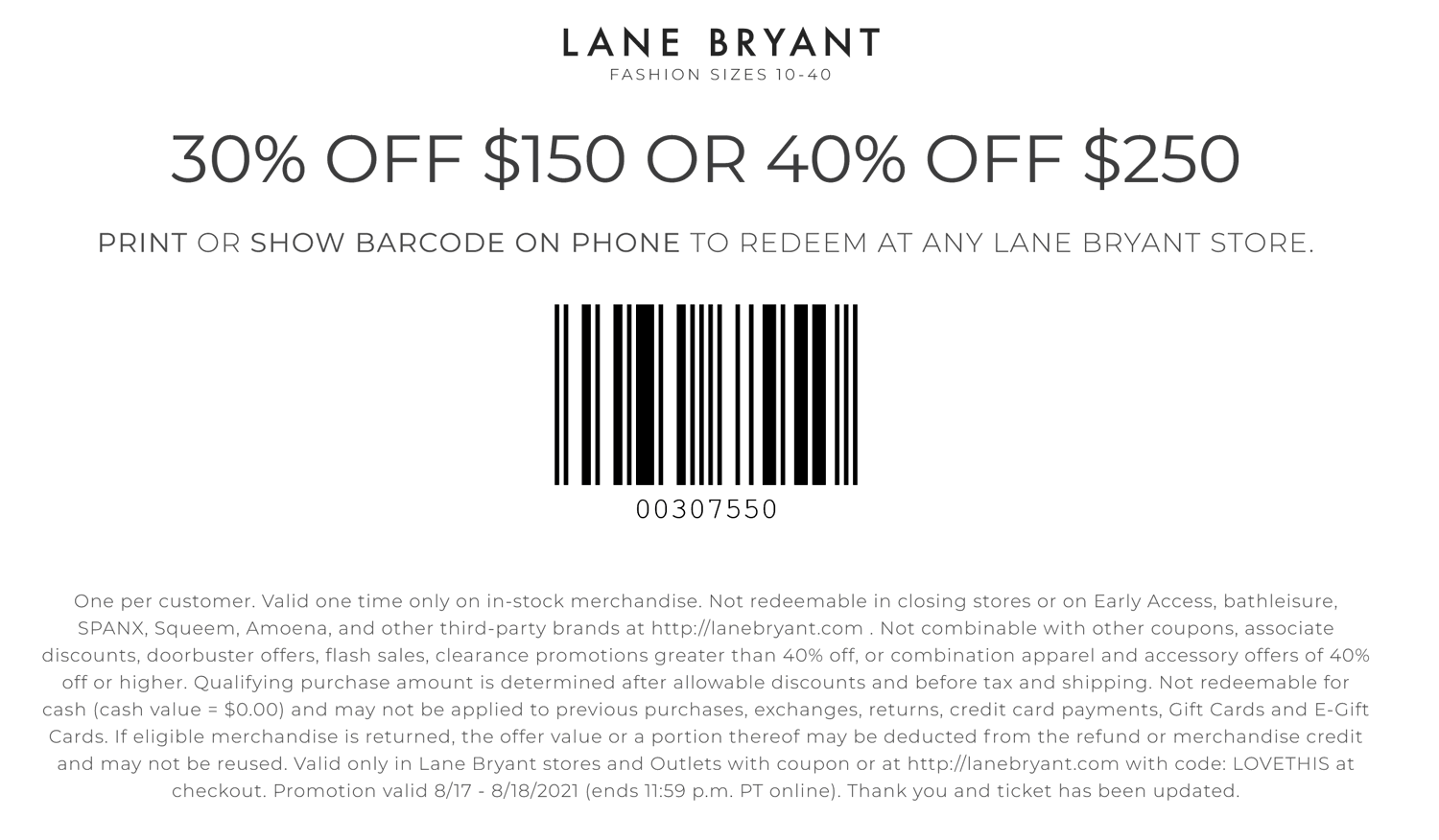 Lane Bryant stores Coupon  30-40% off $150+ today at Lane Bryant, or online via promo code LOVETHIS #lanebryant 