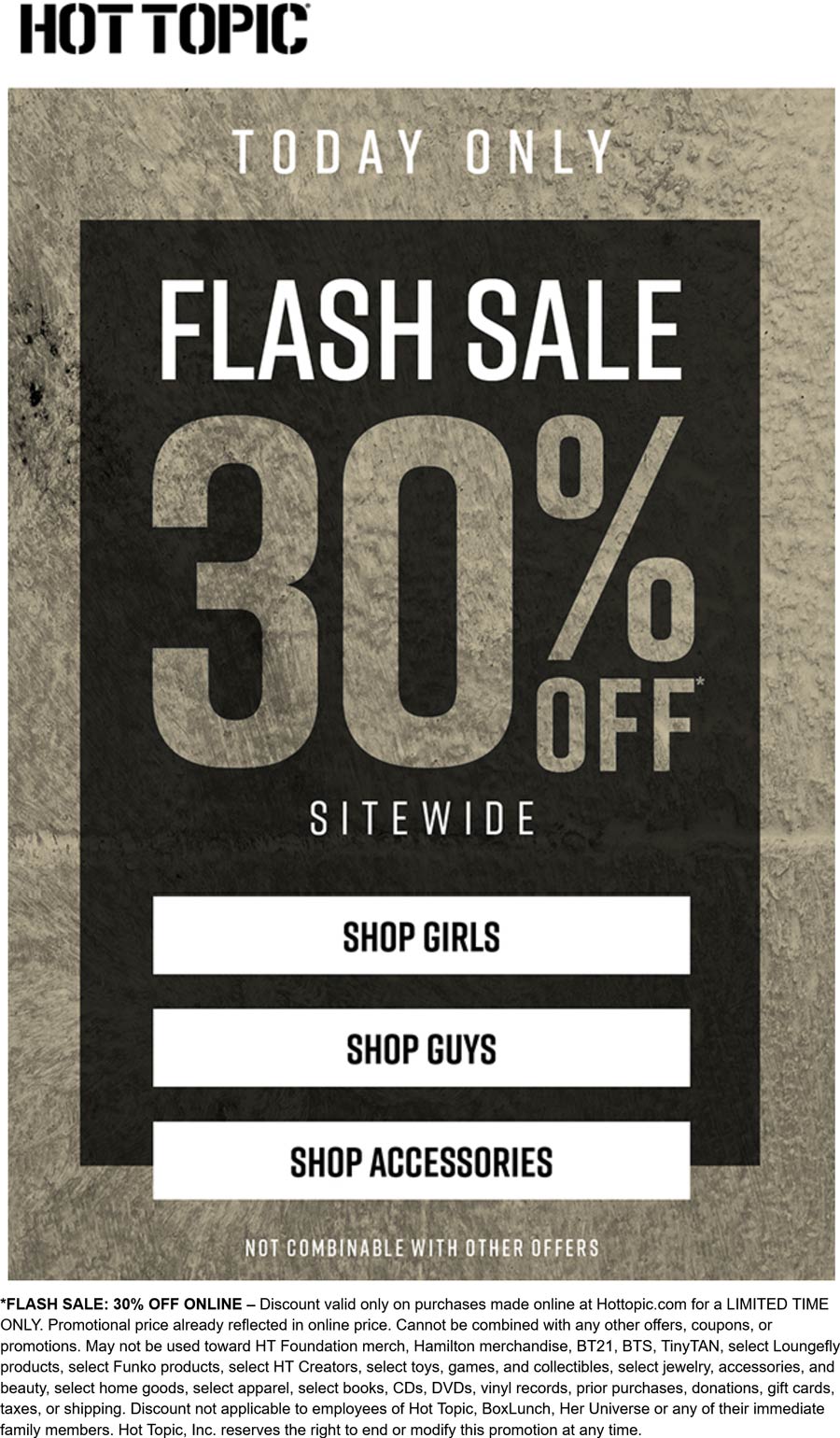 Hot Topic stores Coupon  30% off everything online today at Hot Topic #hottopic 