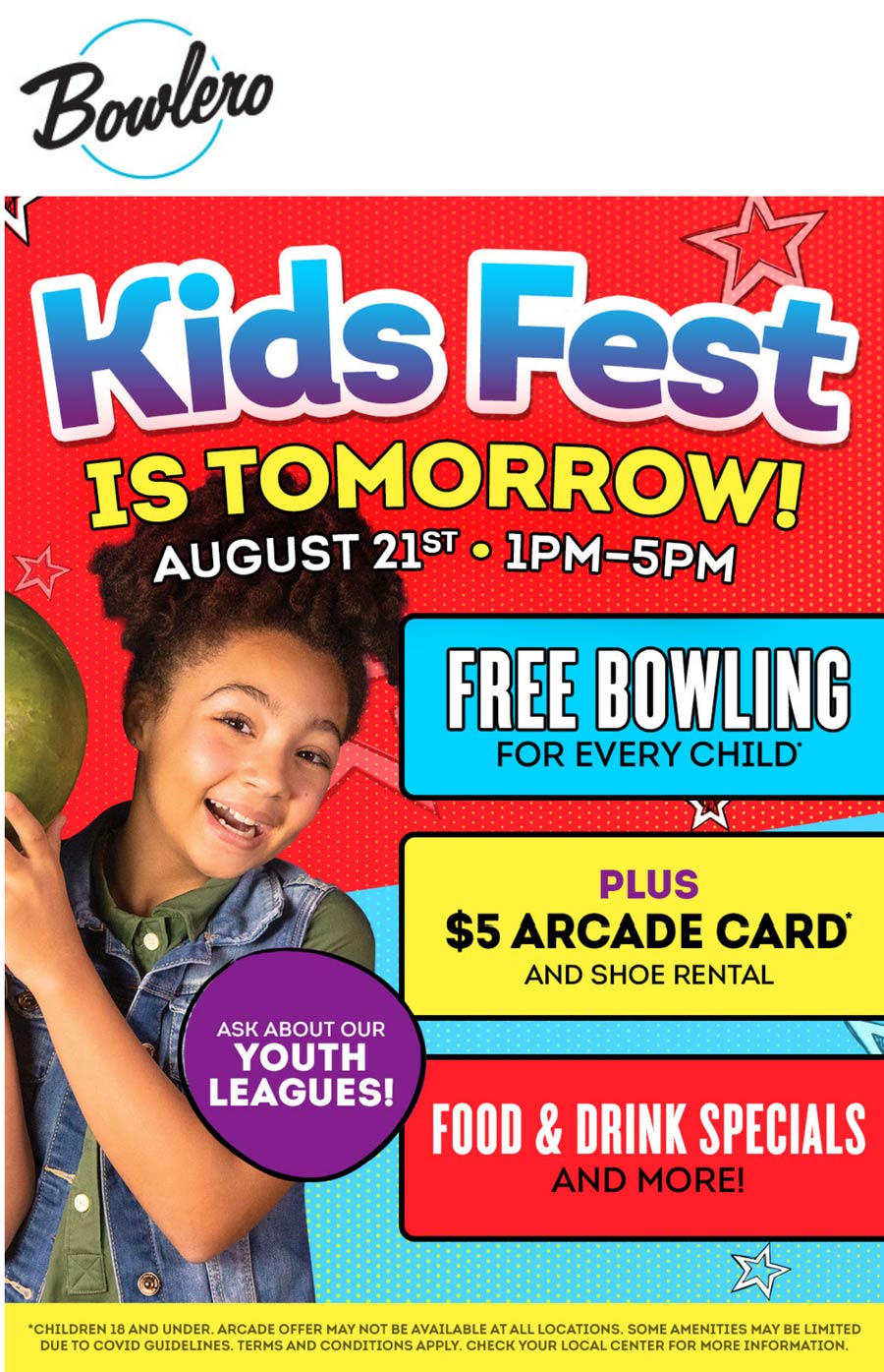 [August, 2022] Free kids bowling Saturday 15p at Bowlero alleys 