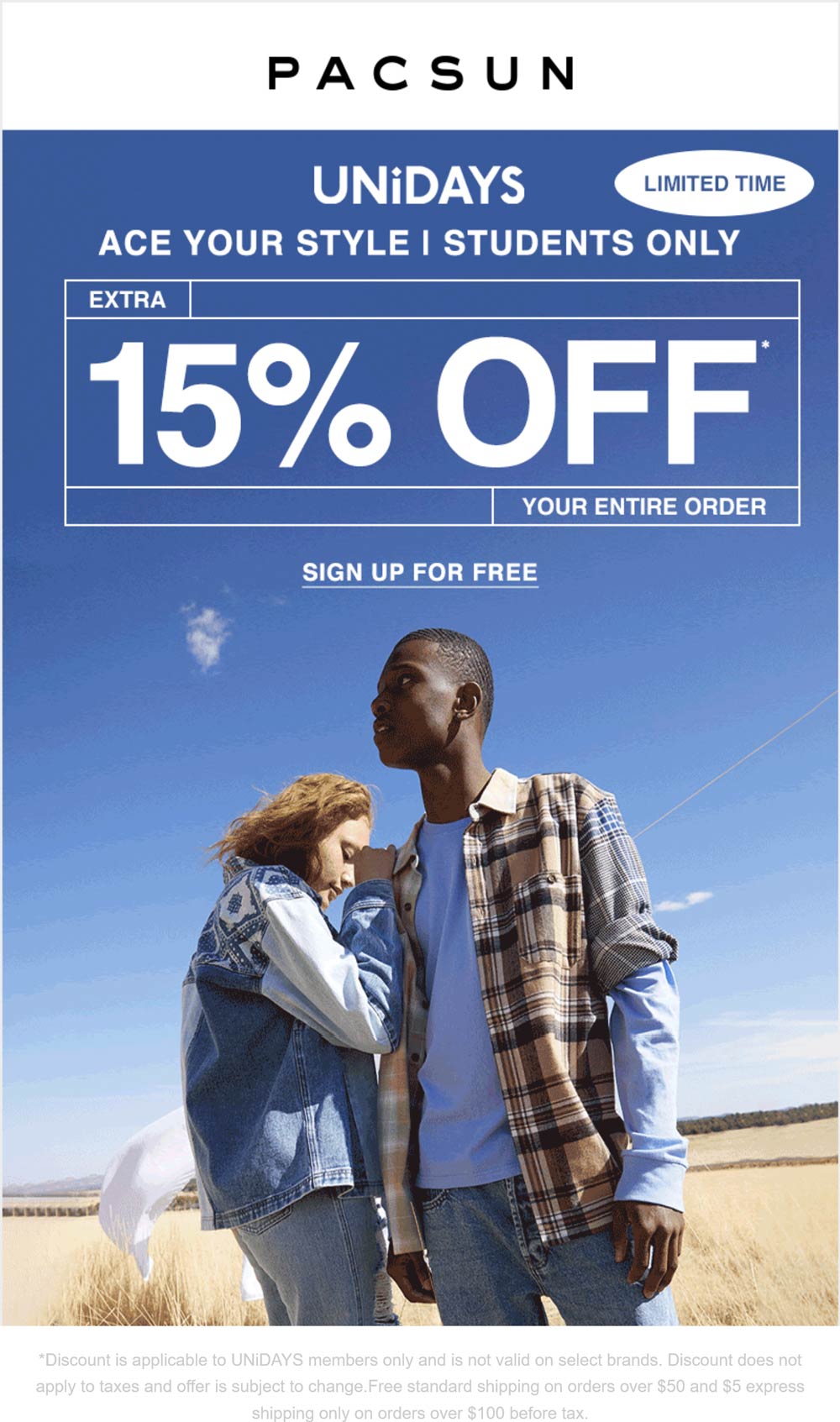Extra 15 off for UNiDAYS members at Pacsun pacsun The Coupons App®