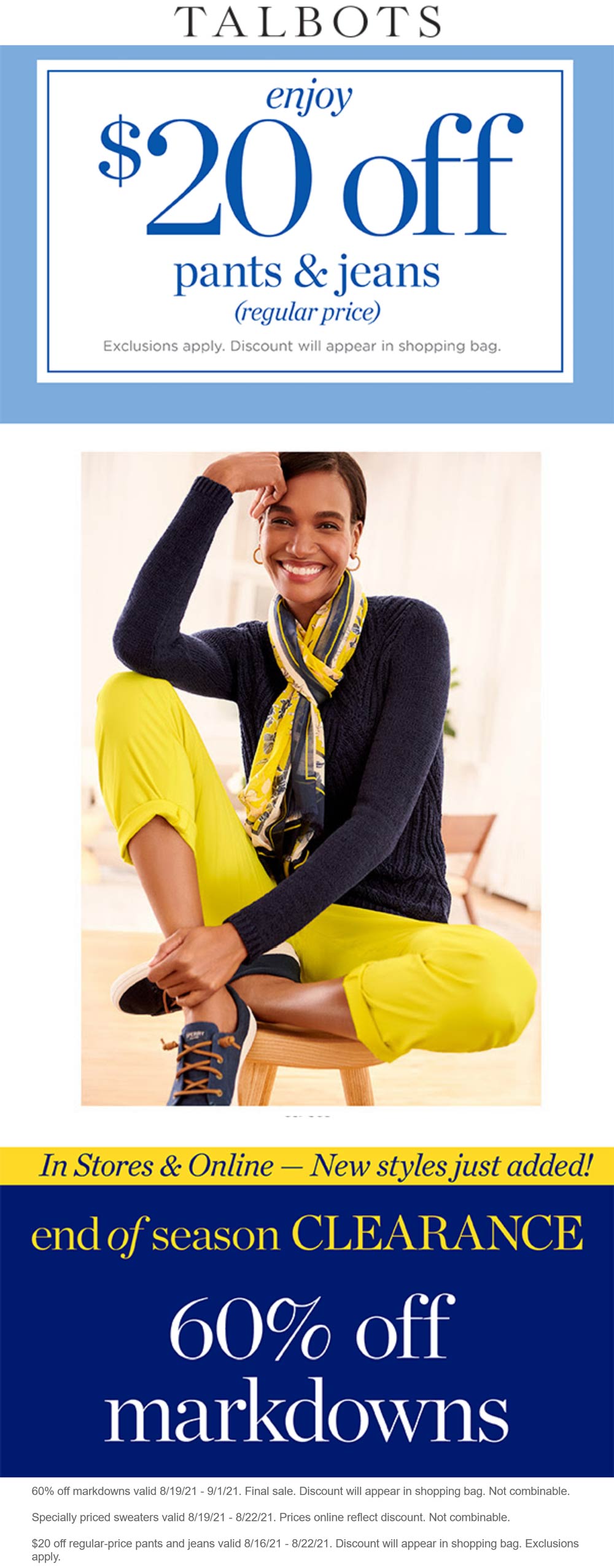 Talbots stores Coupon  $20 off pants & jeans at Talbots, ditto online #talbots 