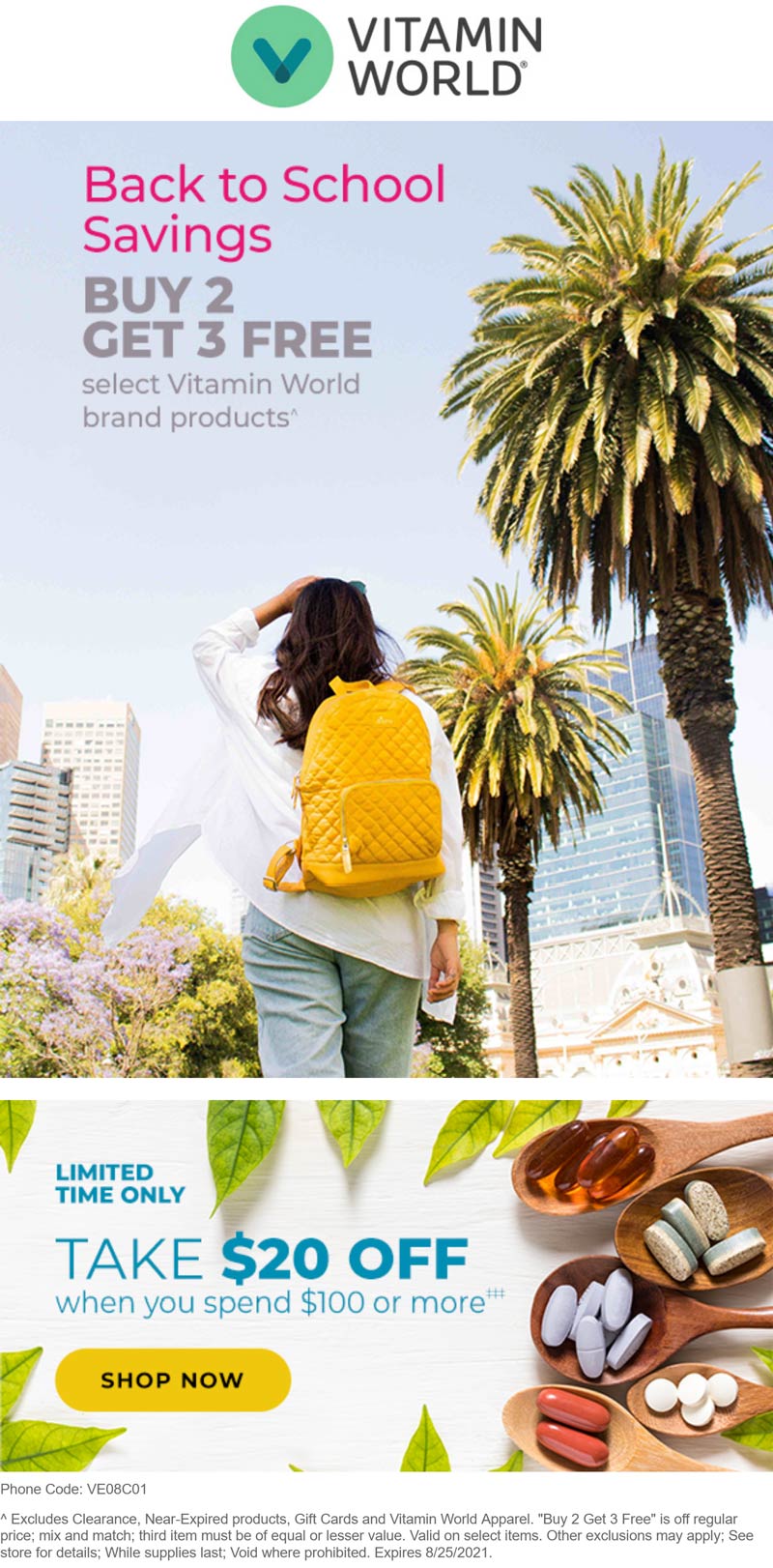 Vitamin World stores Coupon  5-for-2 & $20 off $100 at Vitamin World, or online via promo code VE08C01 #vitaminworld 