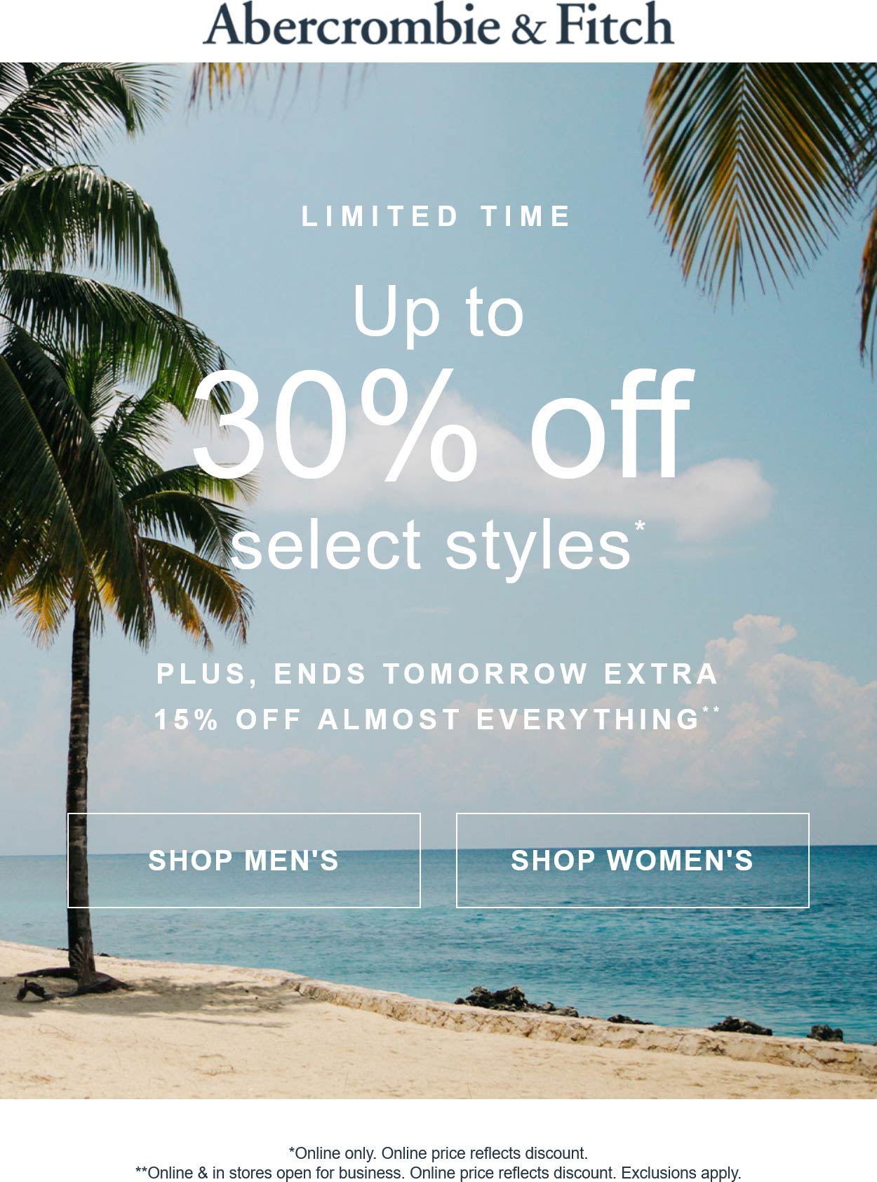 Abercrombie & Fitch stores Coupon  15% off everything & more at Abercrombie & Fitch, ditto online #abercrombiefitch 