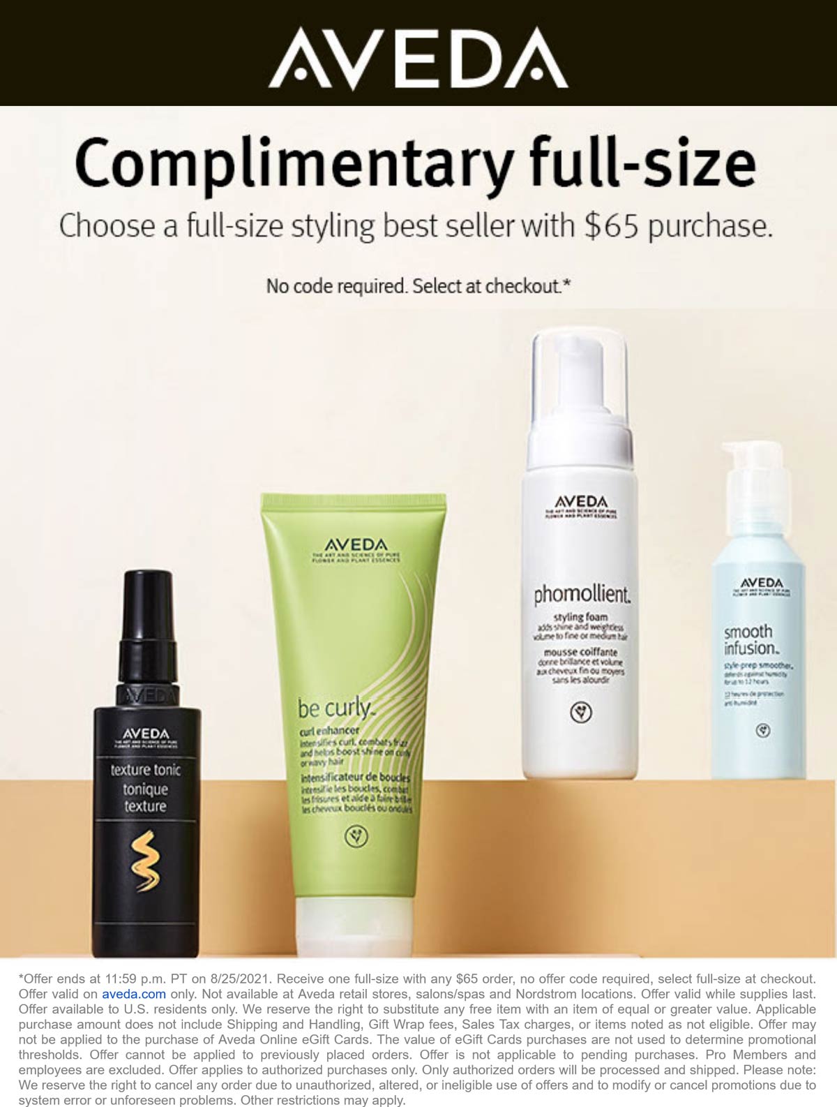 Aveda stores Coupon  Free full size with $65 spent online at Aveda #aveda 
