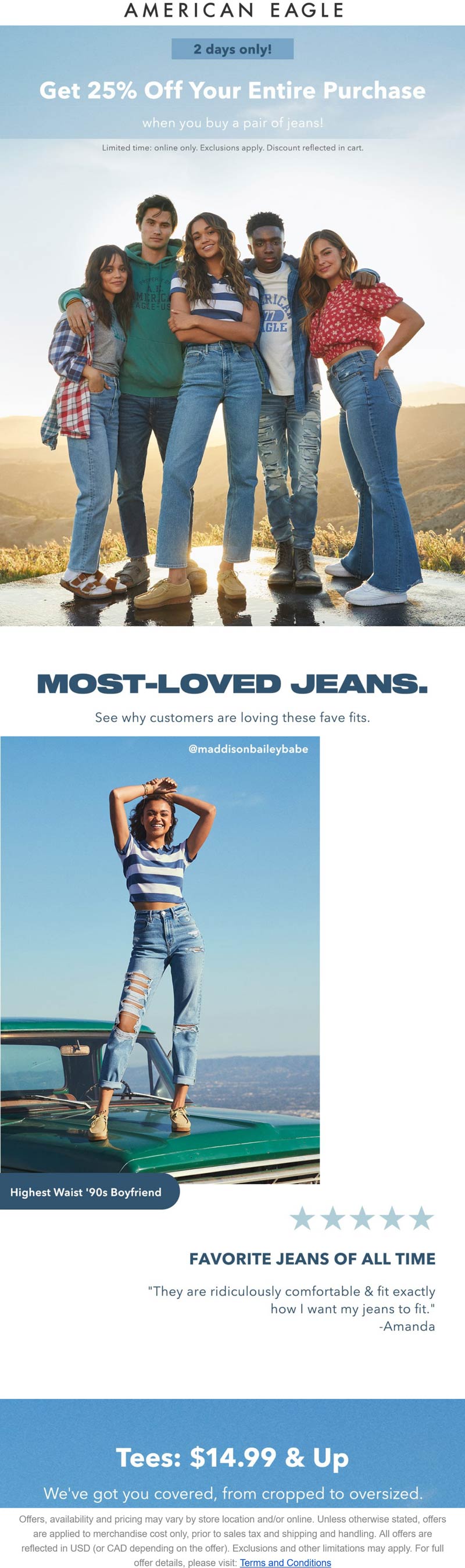 American Eagle stores Coupon  25% off everything with your jeans online at American Eagle #americaneagle 