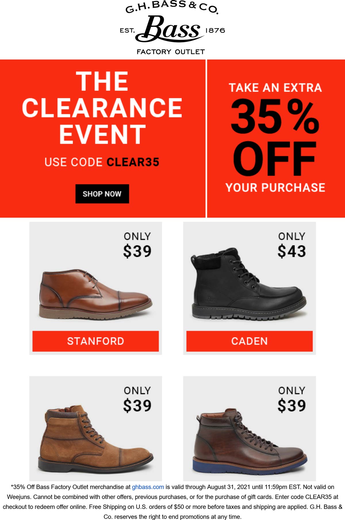 Bass Factory Outlet stores Coupon  Extra 35% off at Bass Factory Outlet via promo code CLEAR35 #bassfactoryoutlet 