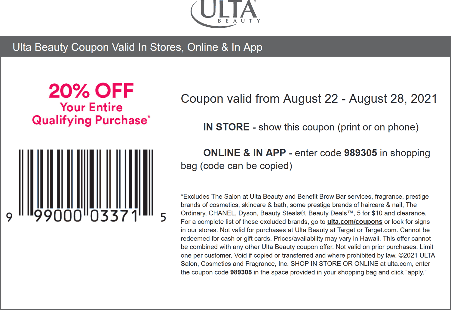 Ulta Beauty stores Coupon  20% off everything at Ulta Beauty, or online via promo code 989305 #ultabeauty 