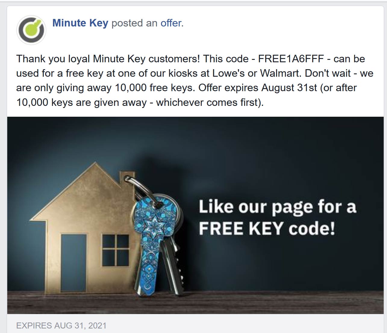 MinuteKey stores Coupon  Free key duplicate at MinuteKey kiosks via promo code FREE1A6FFF #minutekey 