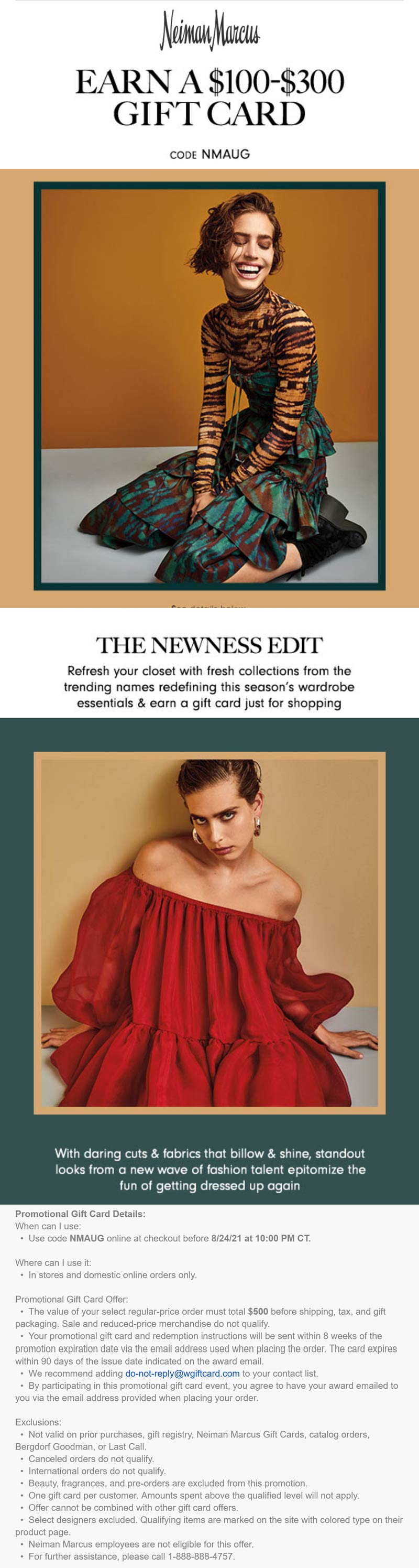 Free 100300 card on 500+ today at Neiman Marcus via promo code