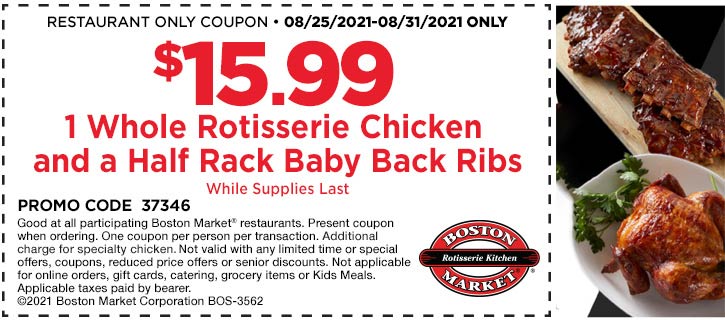 Boston Market restaurants Coupon  Whole chicken + half rack of ribs = $16 dinner at Boston Market #bostonmarket 