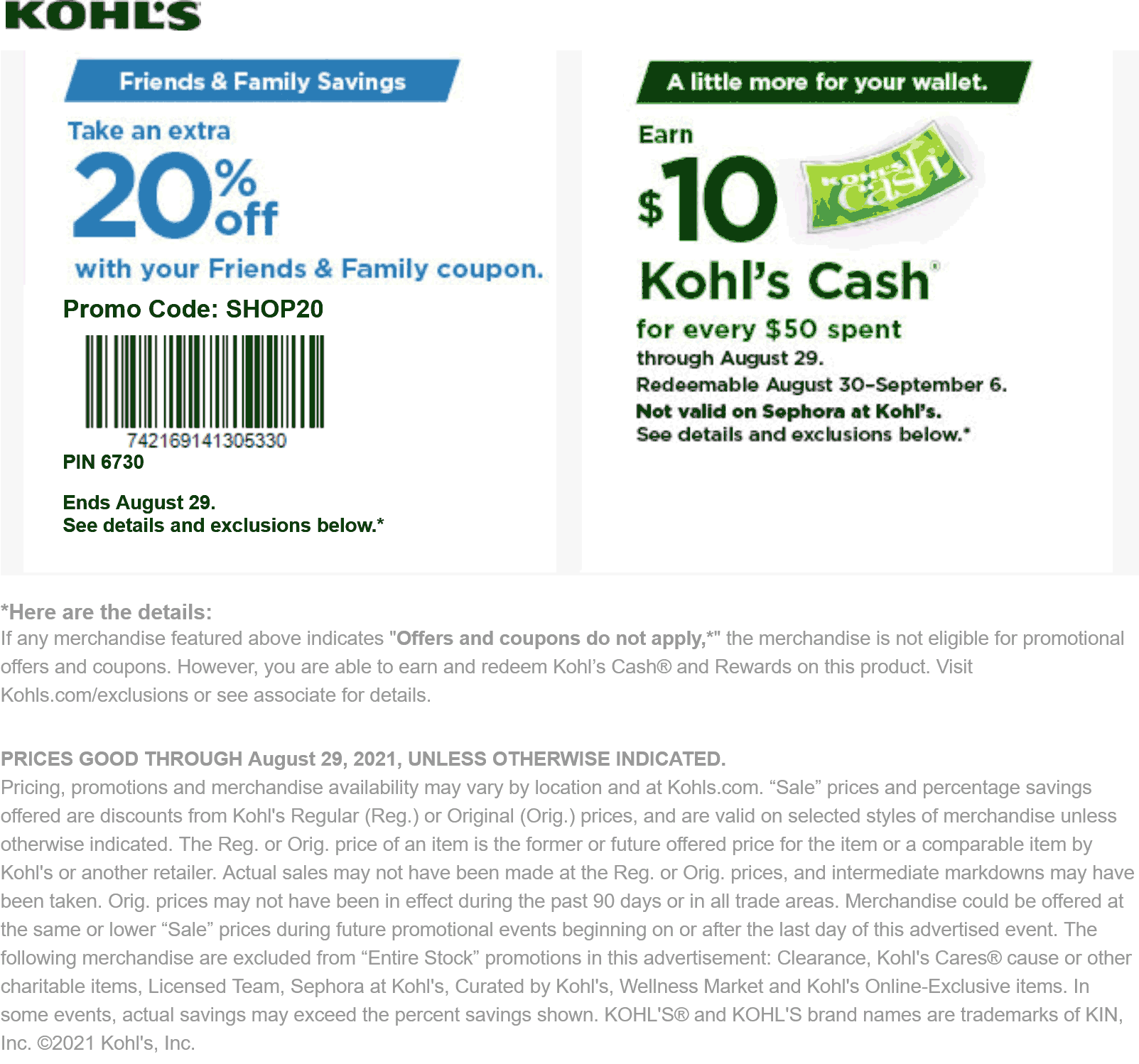 Kohls stores Coupon  20% off at Kohls, or online via promo code SHOP20 #kohls 
