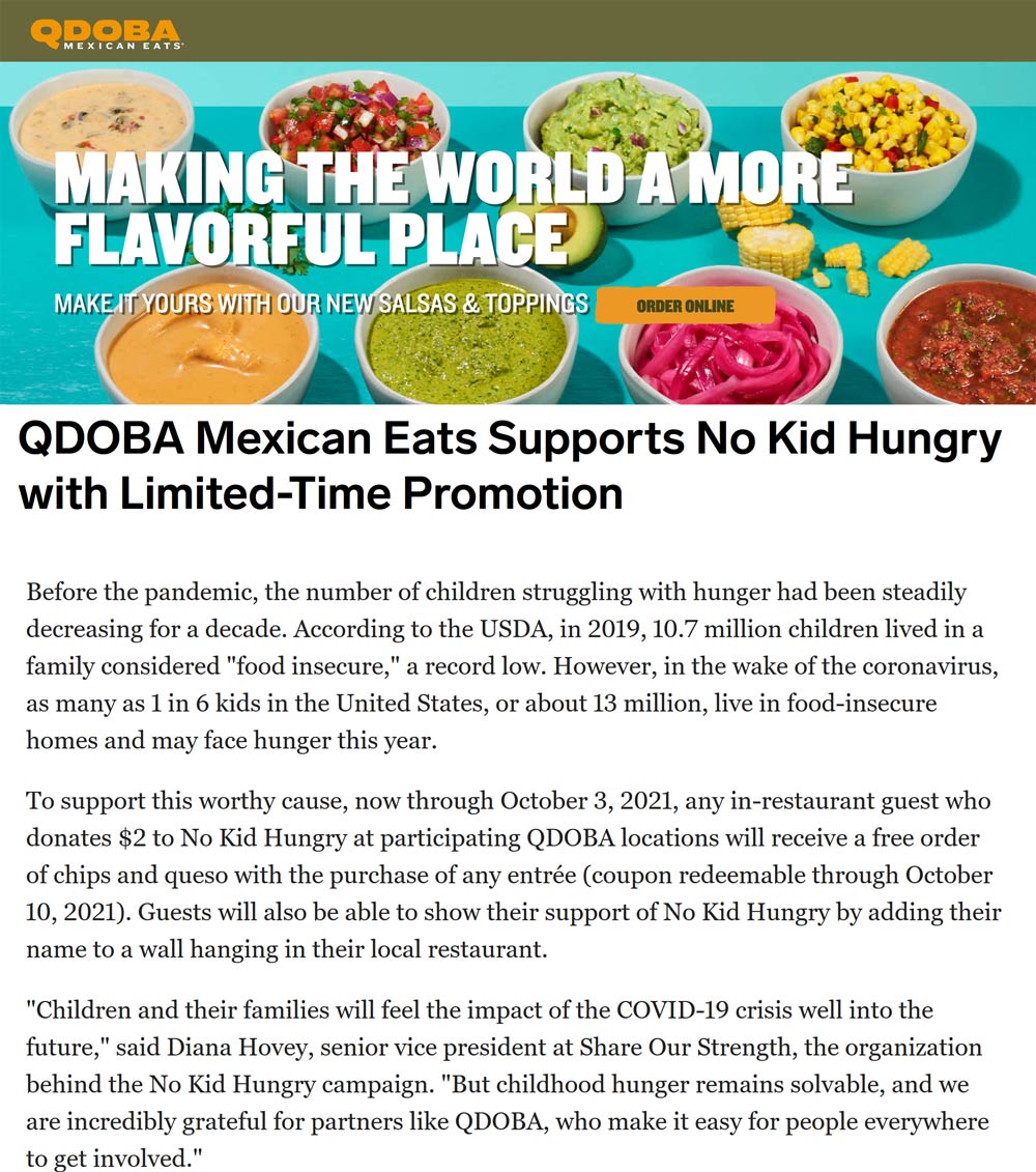 2 donation for chips & queso with your entree at Qdoba restaurants 