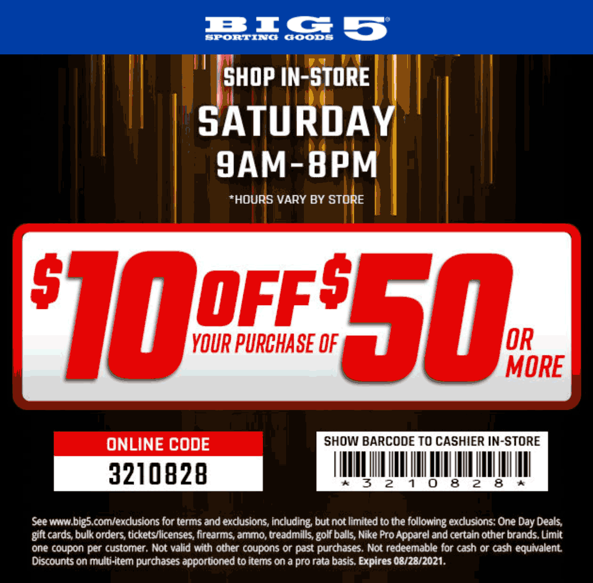 Big 5 stores Coupon  $10 off $50 at Big 5 sporting goods, or online via promo code 3210828 #big5 