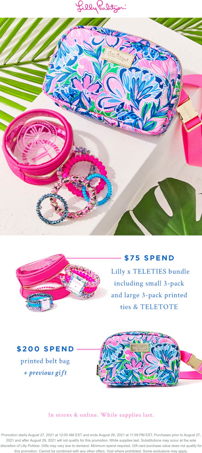 Lilly Pulitzer stores Coupon  Free 6pk hair ties & belt bag with $200 spent at Lilly Pulitzer, ditto online #lillypulitzer 