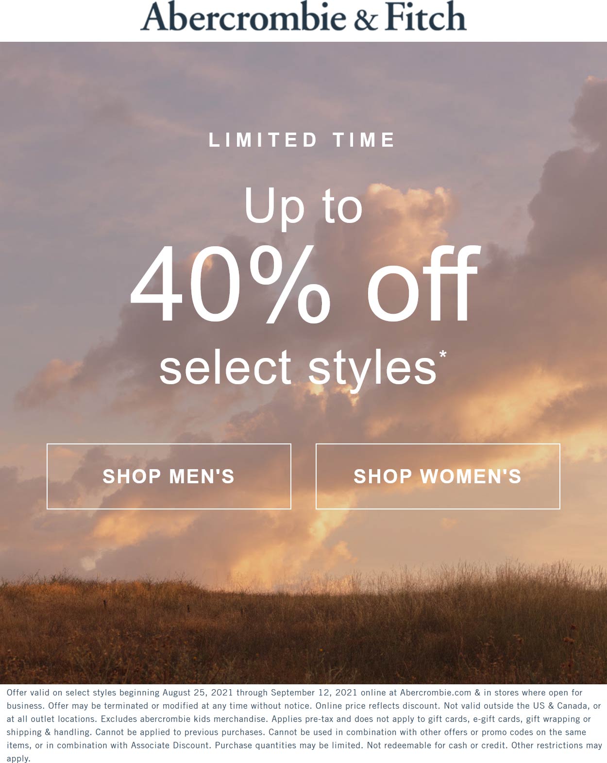 Abercrombie & Fitch stores Coupon  40% off various styles at Abercrombie & Fitch, also online #abercrombiefitch 