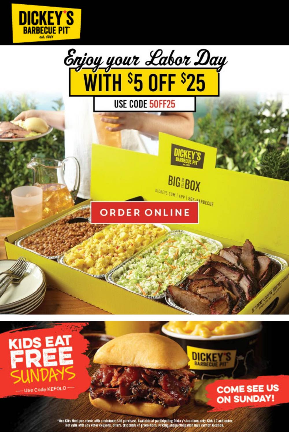Dickeys Barbecue Pit restaurants Coupon  $5 off $25 + kids eat free Sundays at Dickeys Barbecue Pit via promo code 5OFF25 #dickeysbarbecuepit 