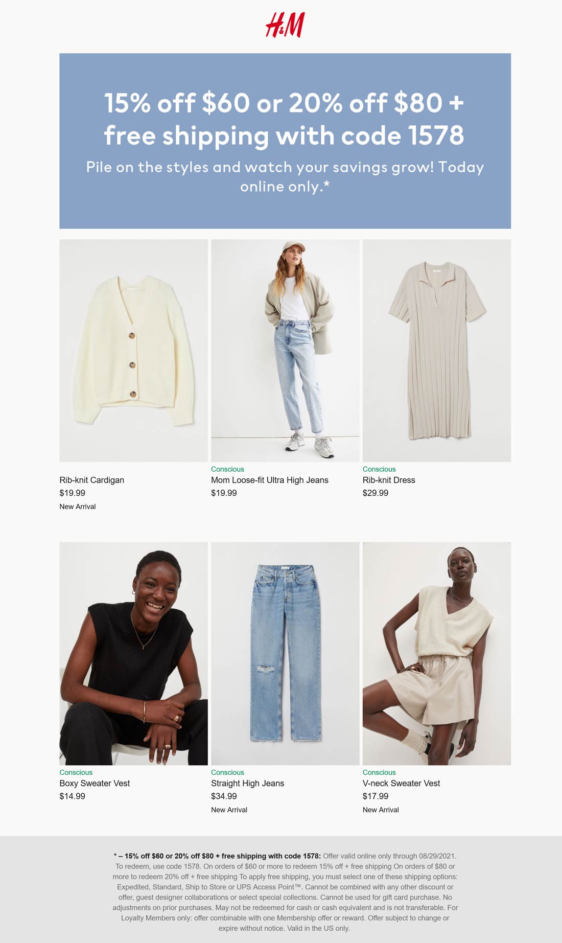 H&M stores Coupon  15-20% off $60+ online today at H&M via promo code 1578 #hm 