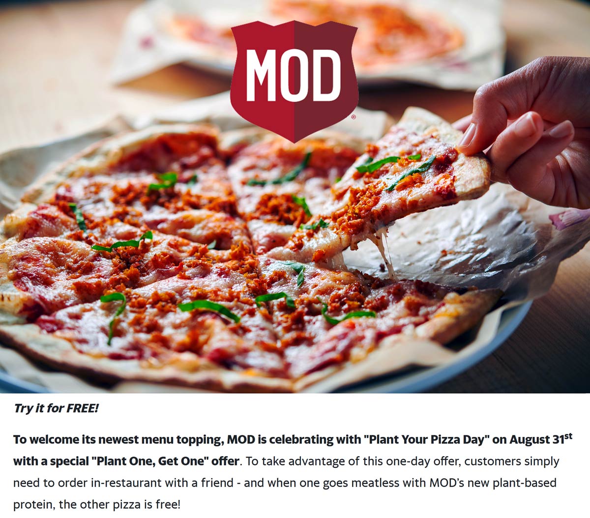 MOD restaurants Coupon  Second meaty meatless pizza free Tuesday at MOD pizza #mod 
