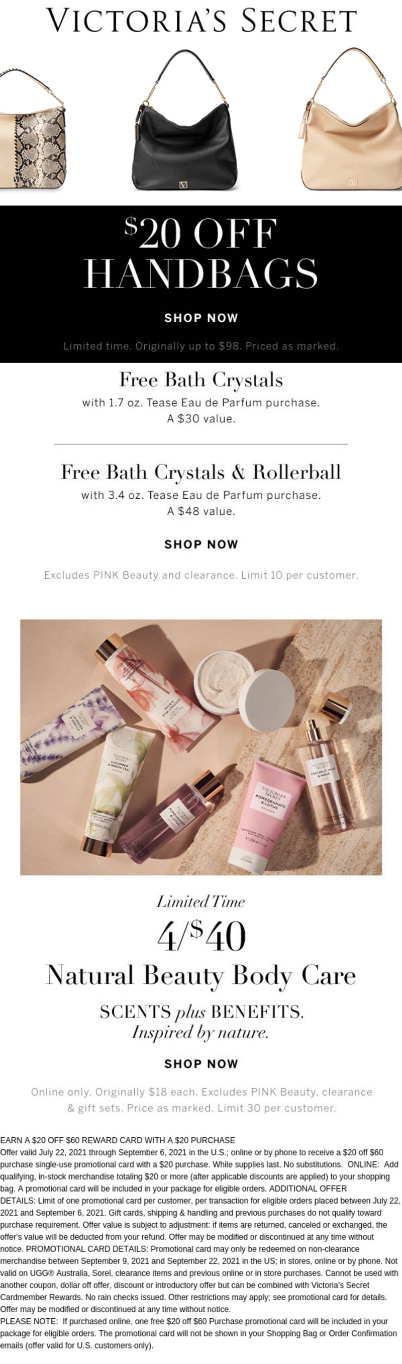 Victorias Secret stores Coupon  $20 off handbags & free bath crystals with your fragrance at Victorias Secret #victoriassecret 