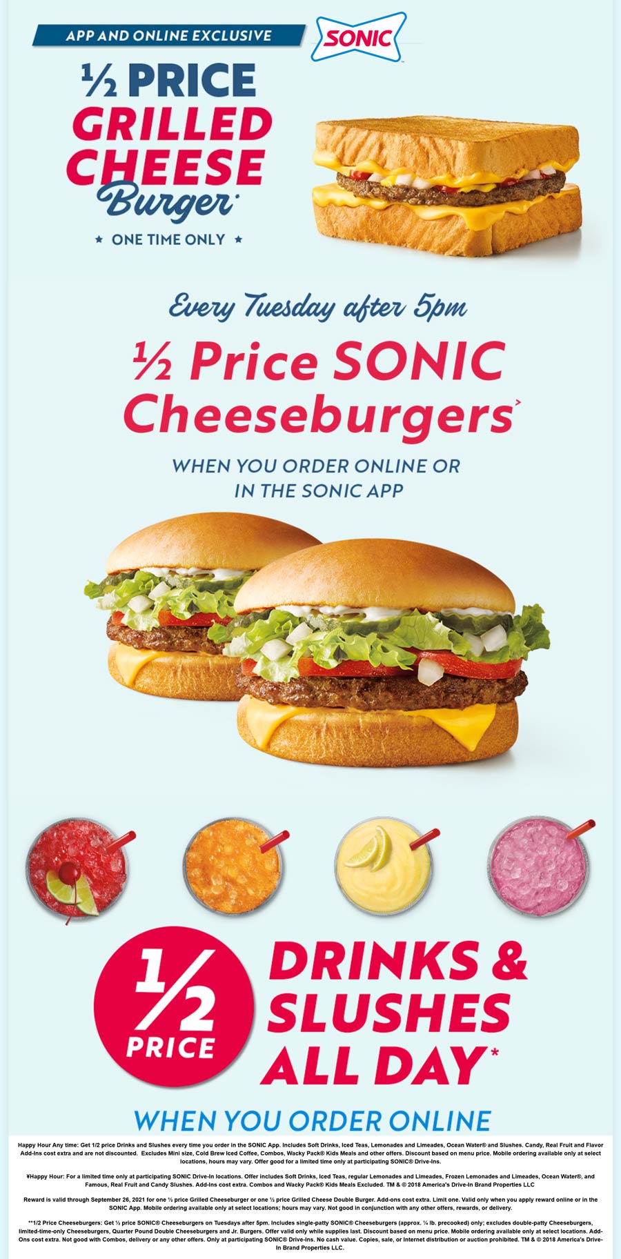 50 off grilled cheeseburger online & more at Sonic DriveIn 