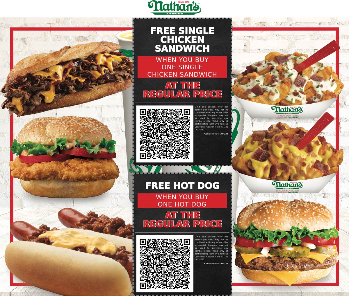 Nathans Famous restaurants Coupon  Second chicken sandwich or hot dog free at Nathans Famous #nathansfamous 