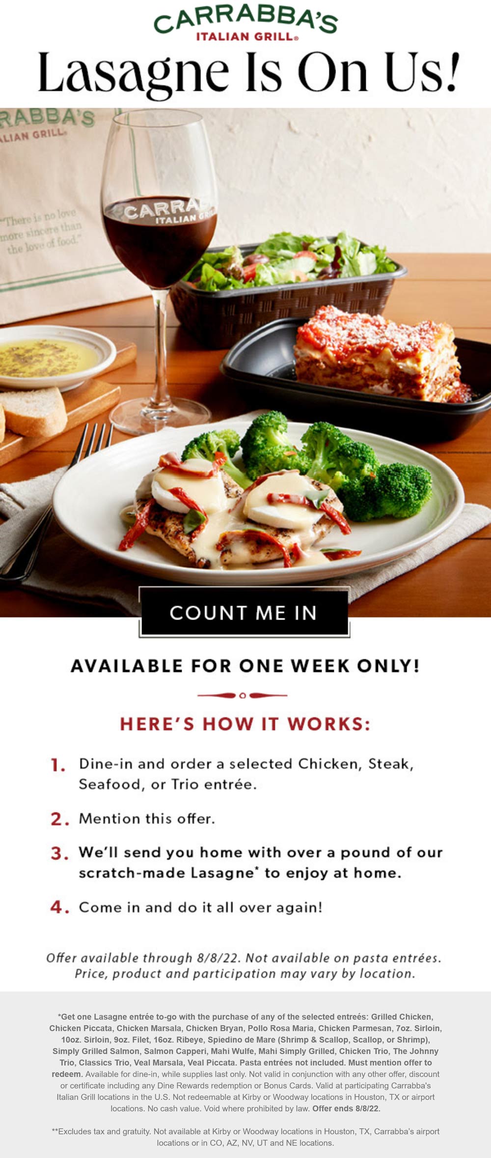 Carrabbas restaurants Coupon  Free lasagne to go with your entree at Carrabbas #carrabbas 