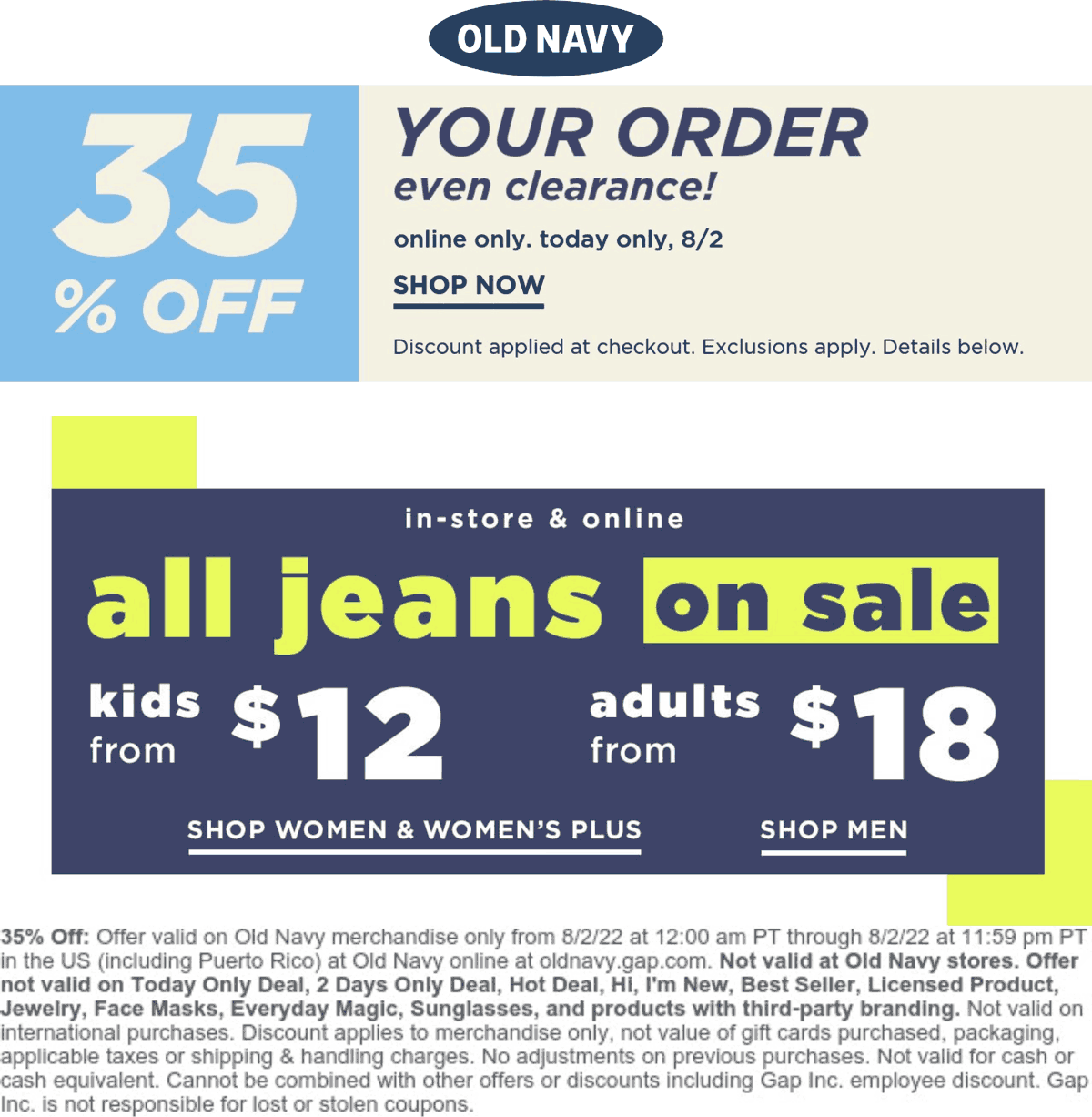 Old Navy stores Coupon  35% off & discounted jeans online today at Old Navy #oldnavy 