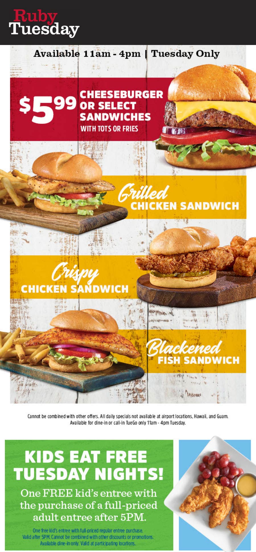 Ruby Tuesday restaurants Coupon  Chicken sandwich or cheeseburger + fries = $6 lunch today at Ruby Tuesday #rubytuesday 
