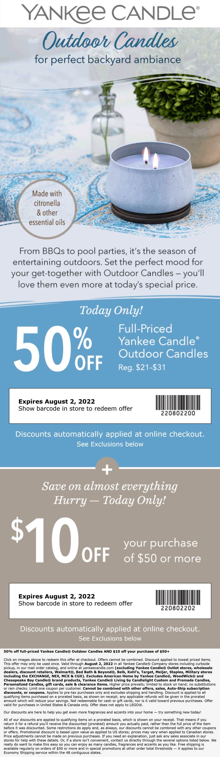 Yankee Candle stores Coupon  $10 off $50 & 50% off outdoor candles at Yankee Candle, ditto online #yankeecandle 
